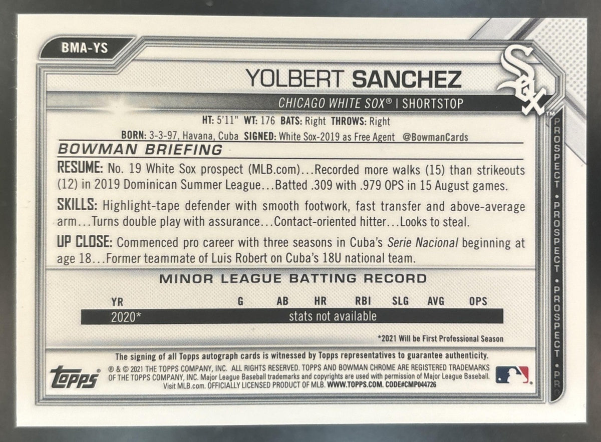 2021 Bowman Yolbert Sanchez Chrome Prospect Auto Mega Box Mojo Chicago White Sox