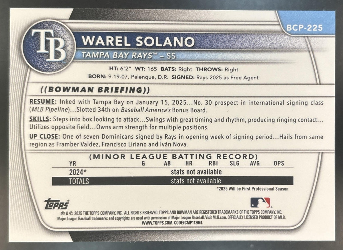 2025 Bowman Chrome Warel Solano Purple Wave /250 #BCP-225 1st Prospect Rays