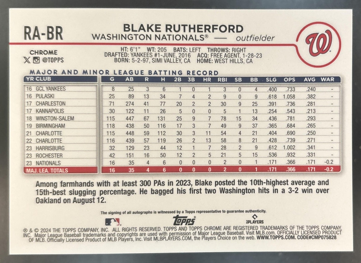 2024 Topps Chrome Blake Rutherford Rookie Auto Aqua Wave /199 RC Nationals