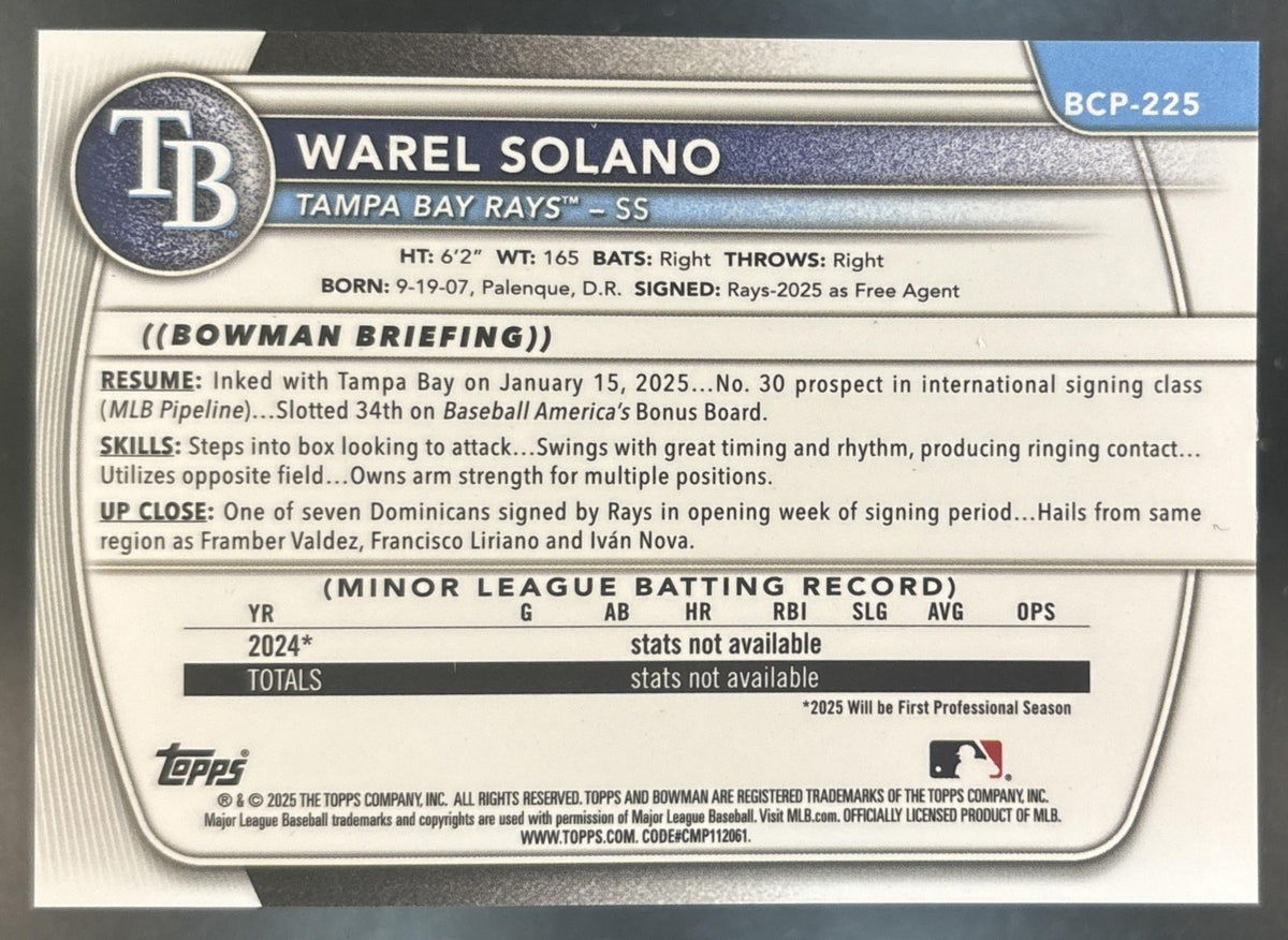 2025 Bowman Chrome Warel Solano Aqua Pulsar /125 #BCP-225 1st Prospect Rays