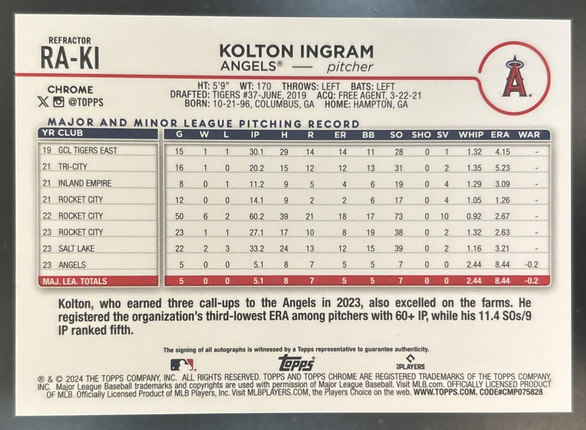 2024 Topps Chrome Update Kolton Ingram Auto Refractor /499 RC Los Angeles Angels