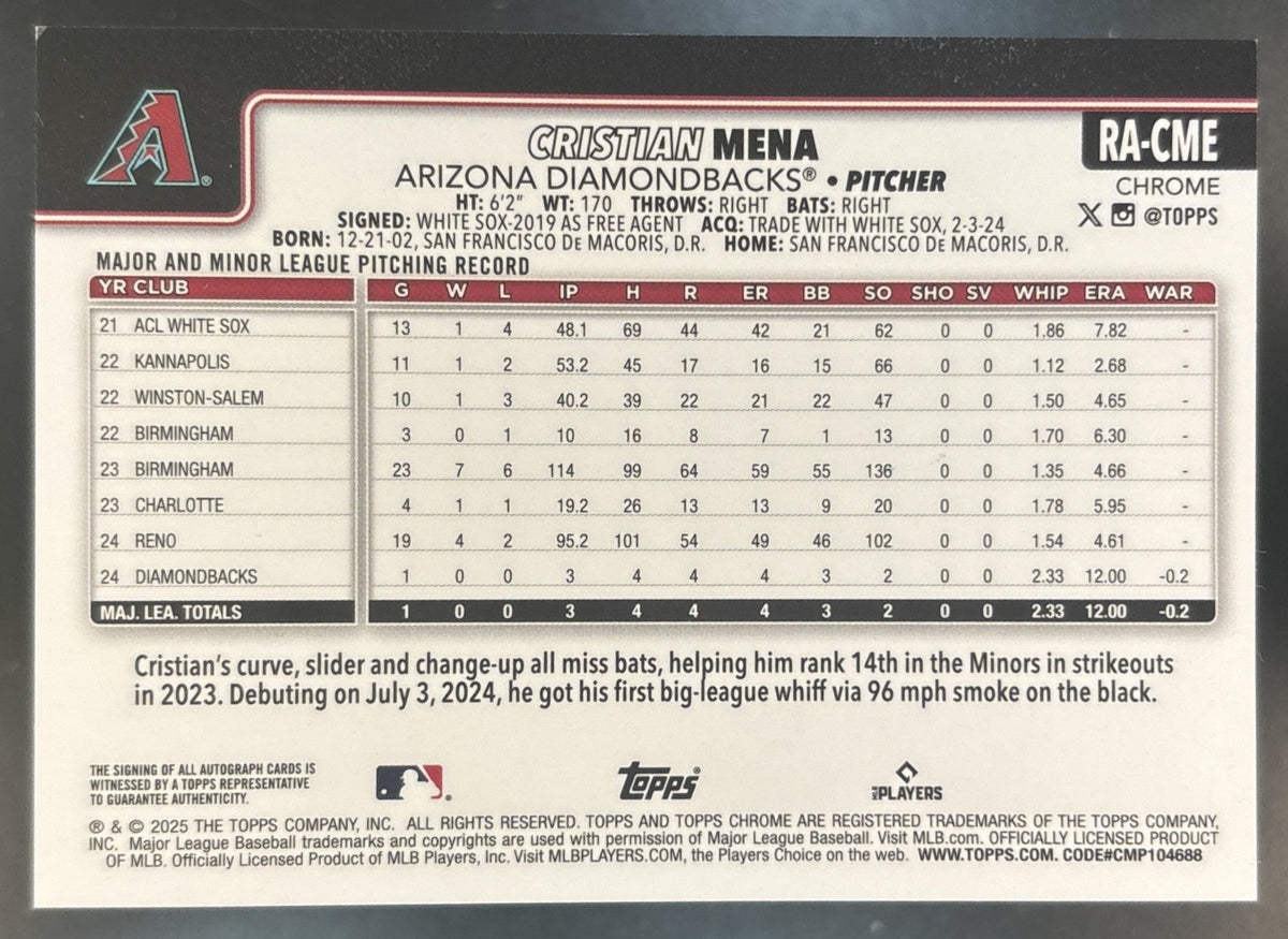 2025 Topps Chrome Cristian Mena Rookie Auto #RA-CME RC Arizona Diamondbacks