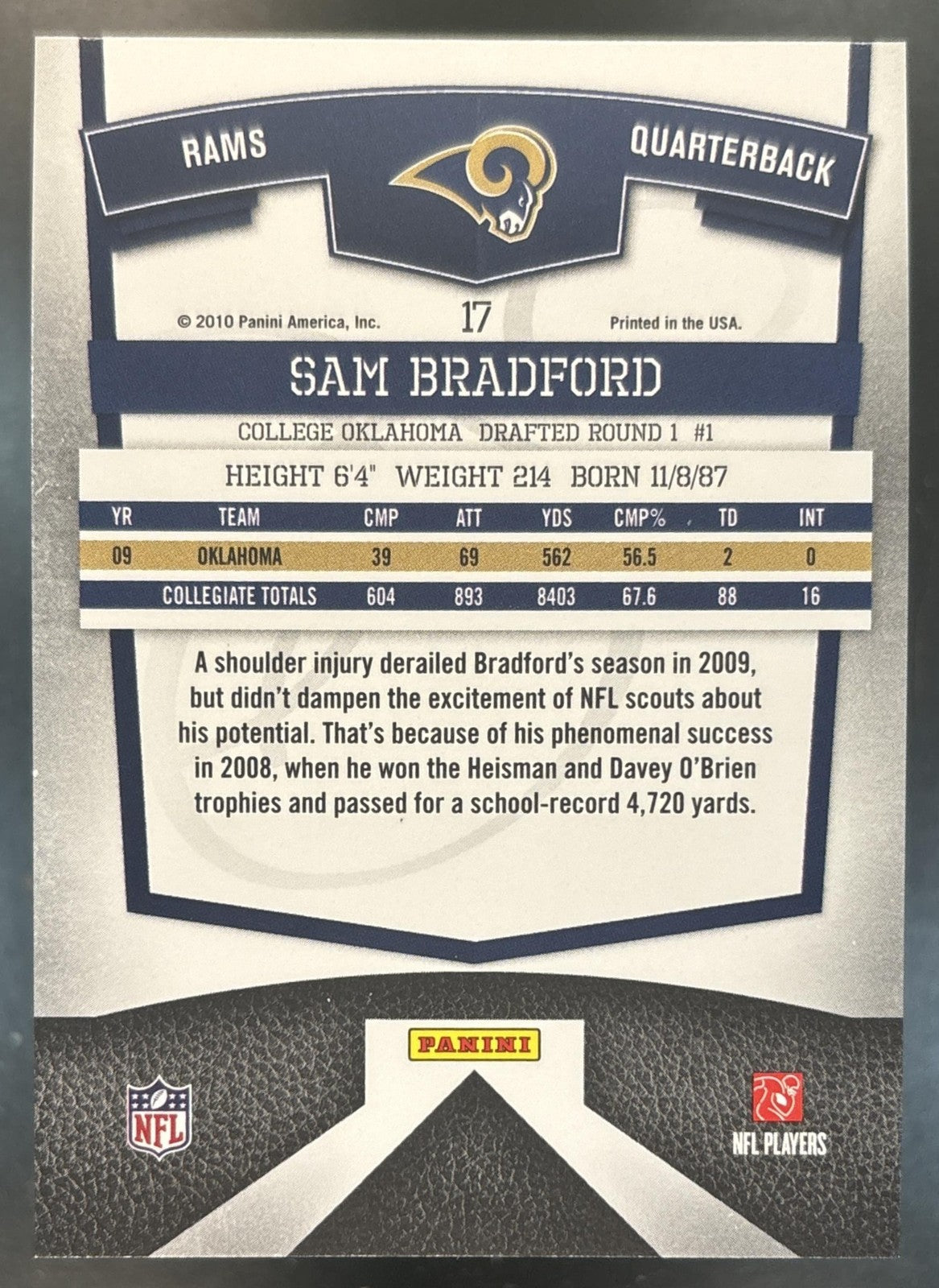 2010 Panini Donruss Elite National Convention Sam Bradford #17 xxx/499 Rams