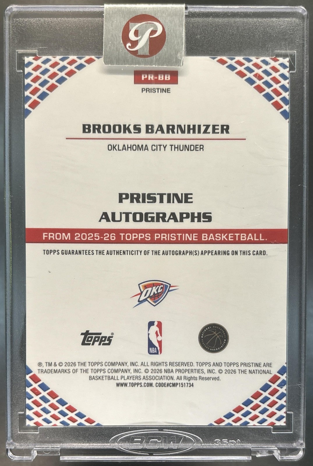 2025-26 Topps Pristine Brooks Barnhizer Auto Aqua /199 Oklahoma City Thunder