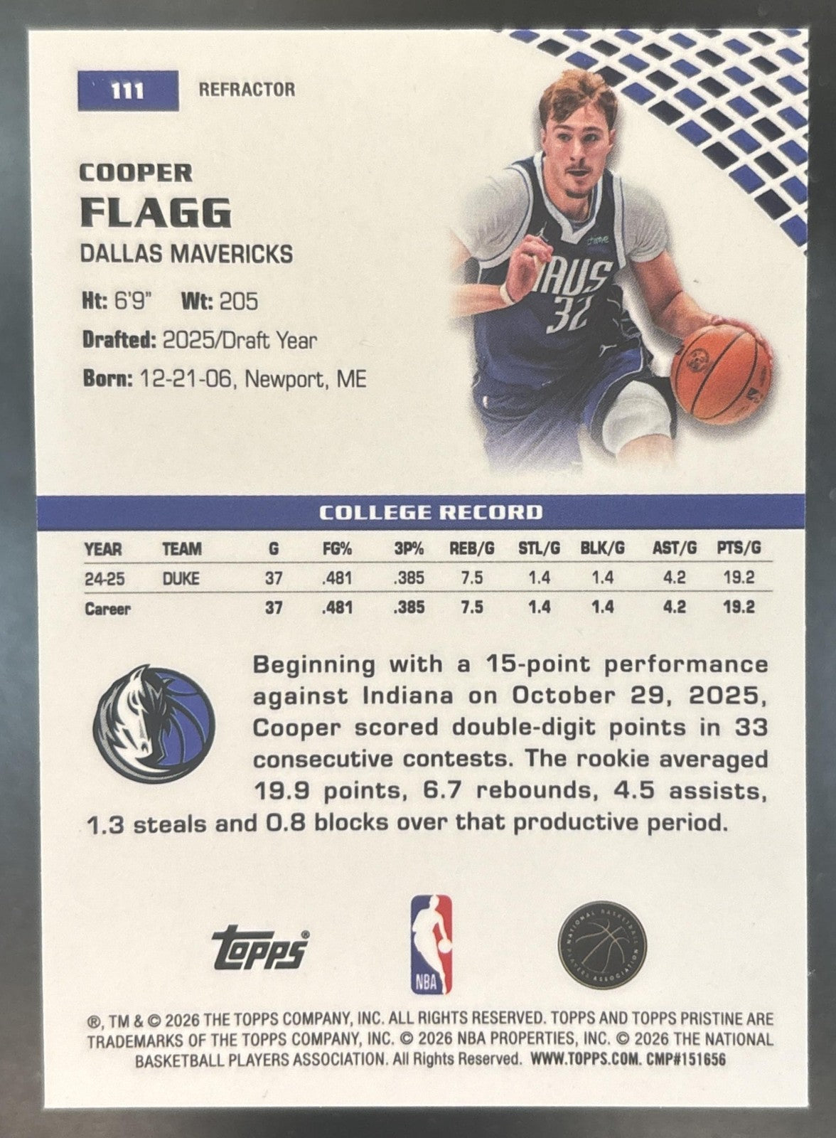 2025-26 Topps Pristine Cooper Flagg Refractor #111 RC Mavericks