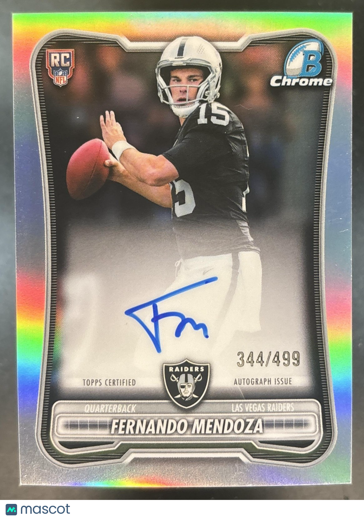 2026 Bowman Fernando Mendoza Chrome Rookie Auto Refractor /499 RC Raiders