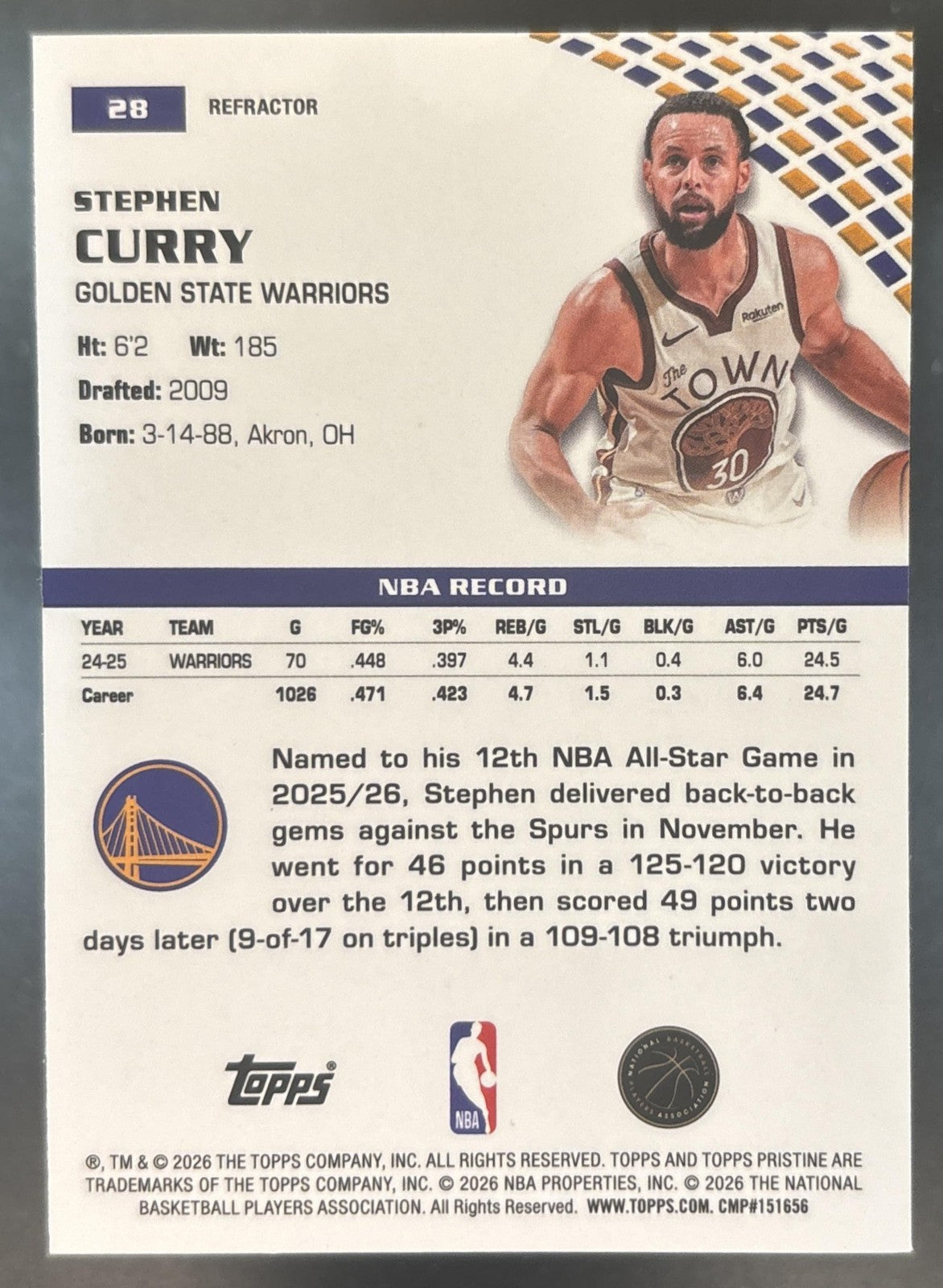 2025-26 Topps Pristine Stephen Curry Refractor #28 Golden State Warriors
