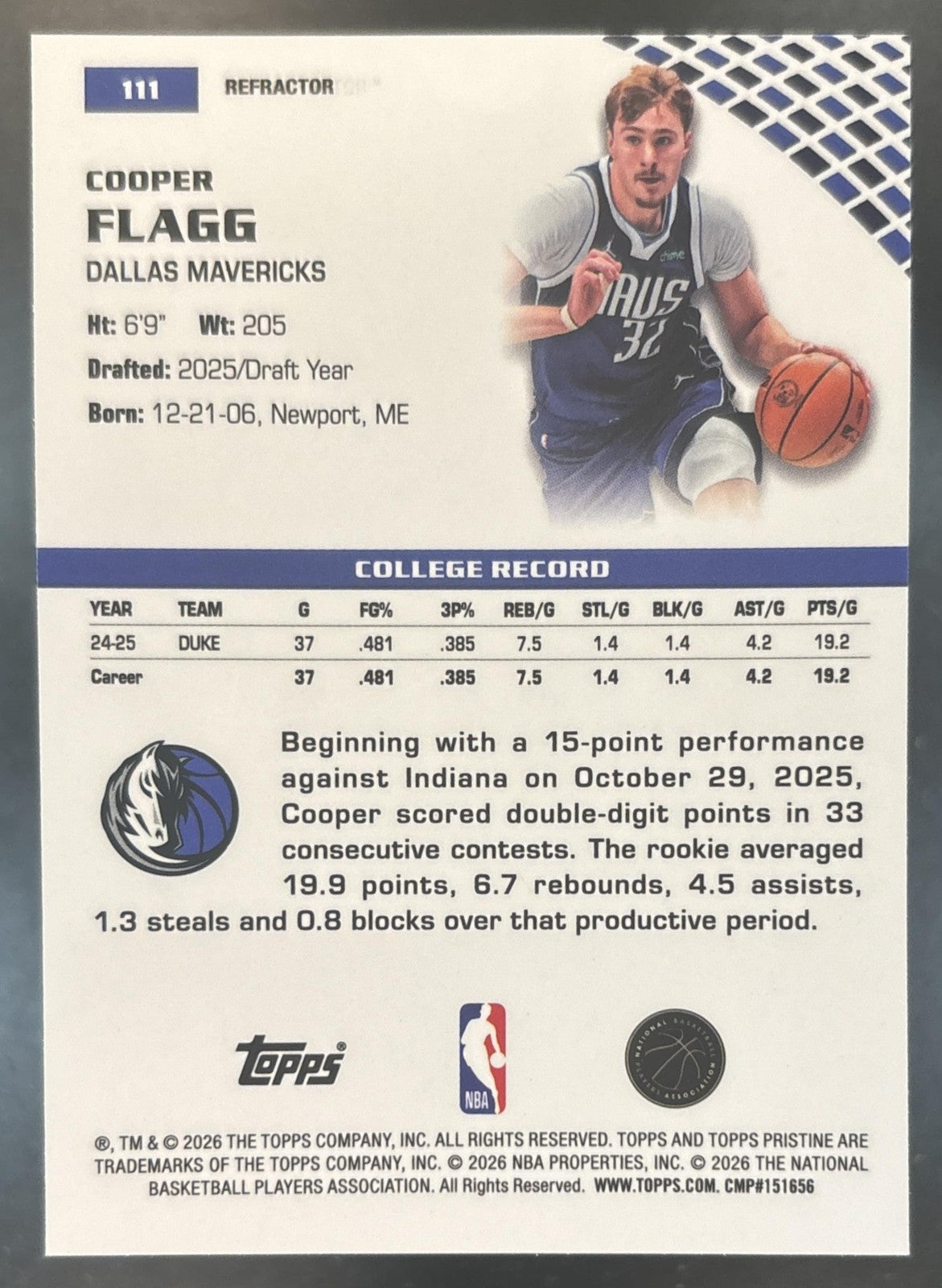 2025-26 Topps Pristine Cooper Flagg Refractor #111 RC Dallas Mavericks