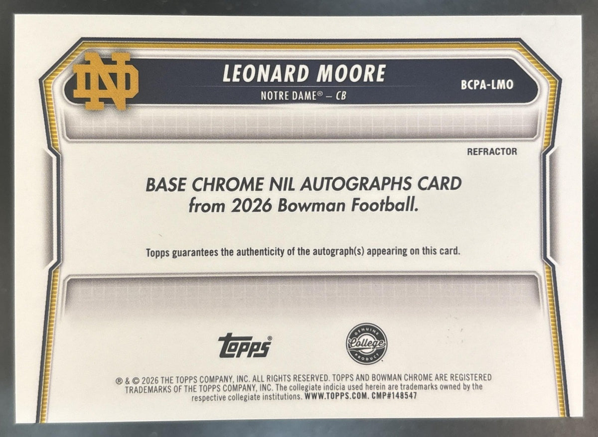 2026 Bowman Leonard Moore Chrome Auto Refractor /499 1st Prospect