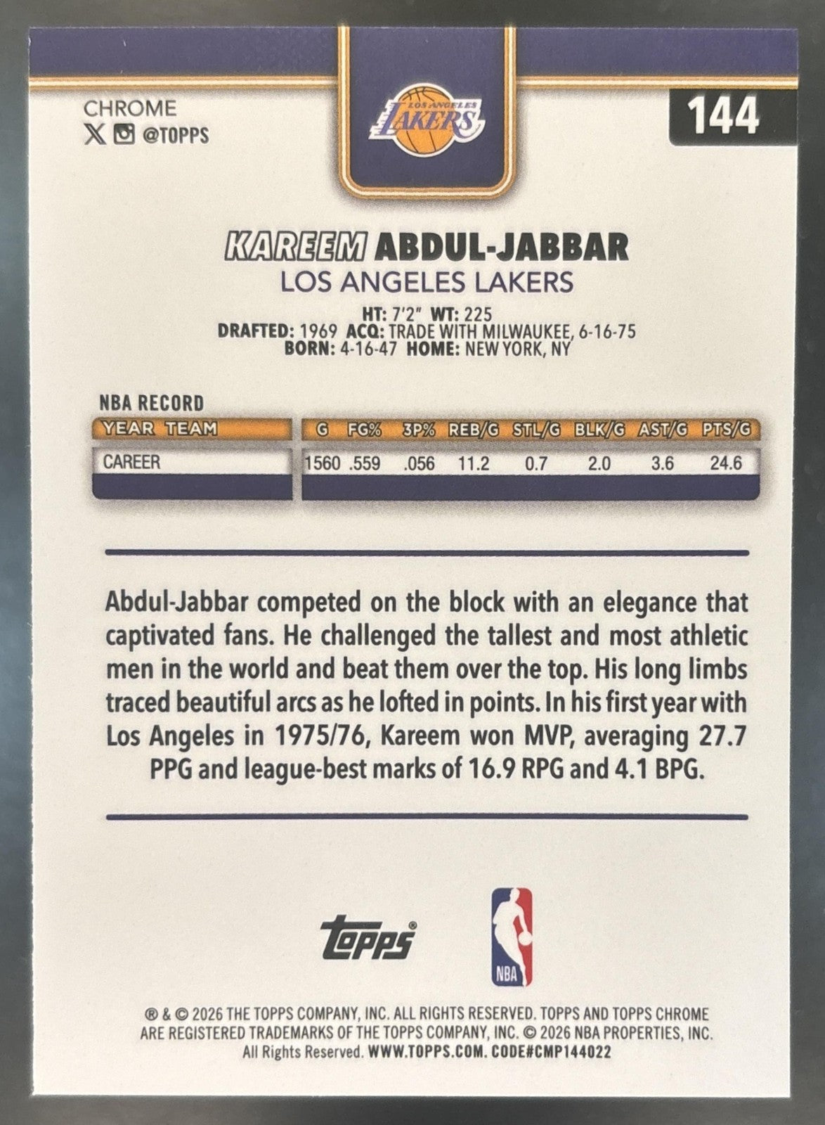 2025-26 Topps Chrome Update Kareem Abdul-Jabbar Negative Refractor #144 Lakers