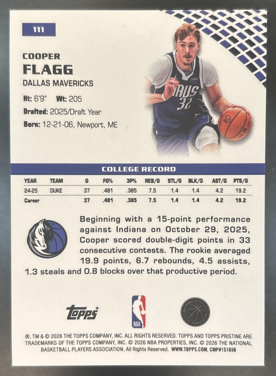 2025-26 Topps Pristine Cooper Flagg #111 RC Dallas Mavericks