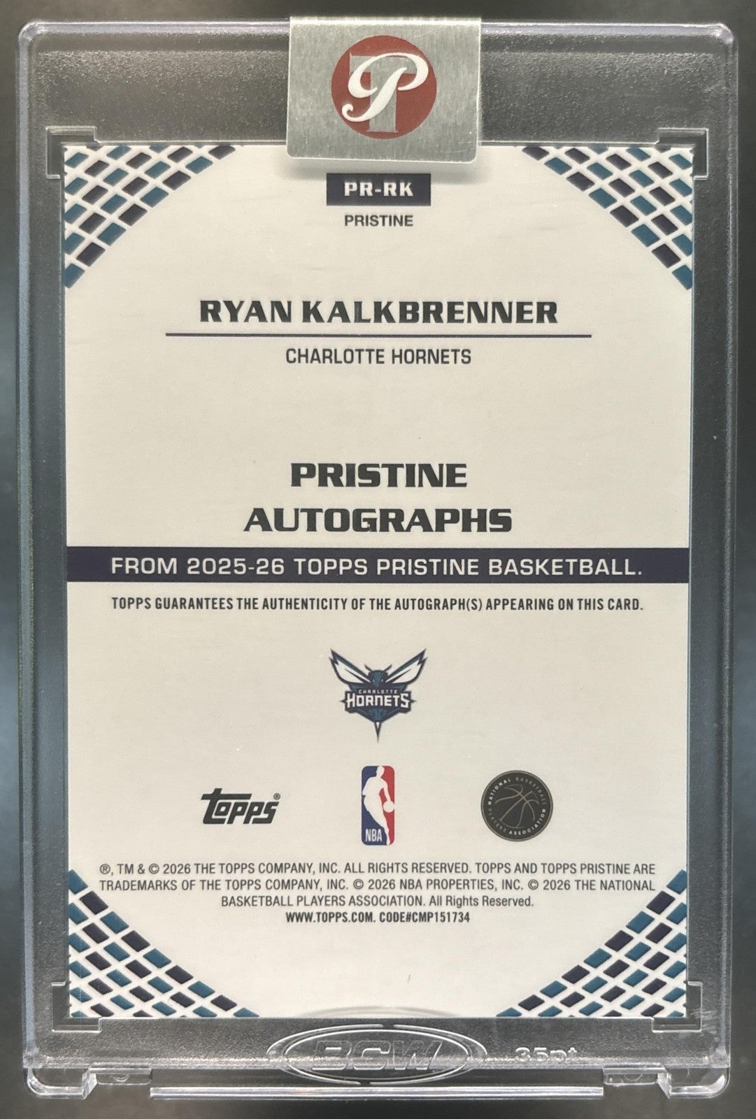2025-26 Topps Pristine Ryan Kalkbrenner Rookie Auto #PR-RK RC Charlotte Hornets