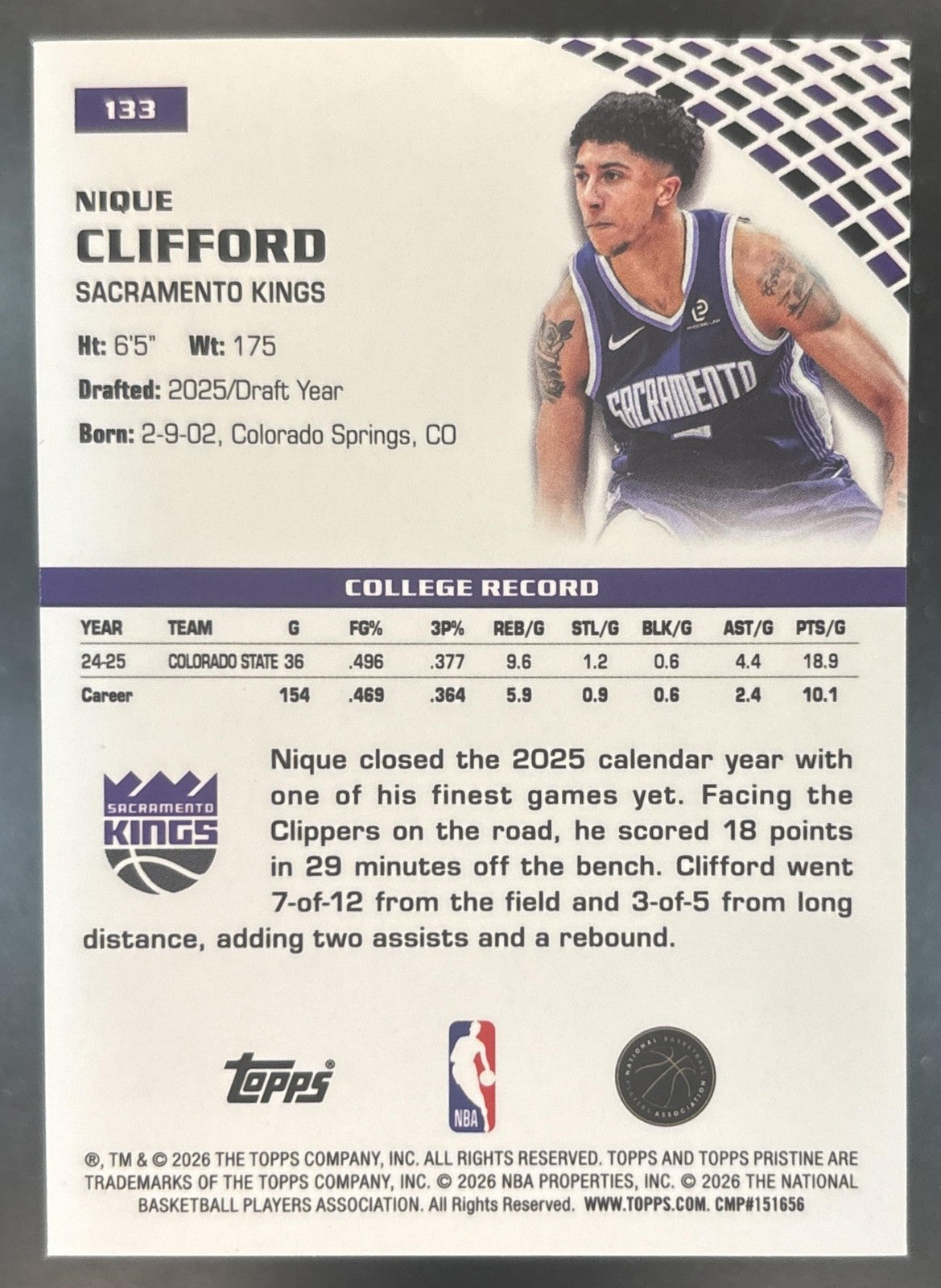 2025-26 Topps Pristine Nique Clifford Aqua /199 #133 RC Sacramento Kings