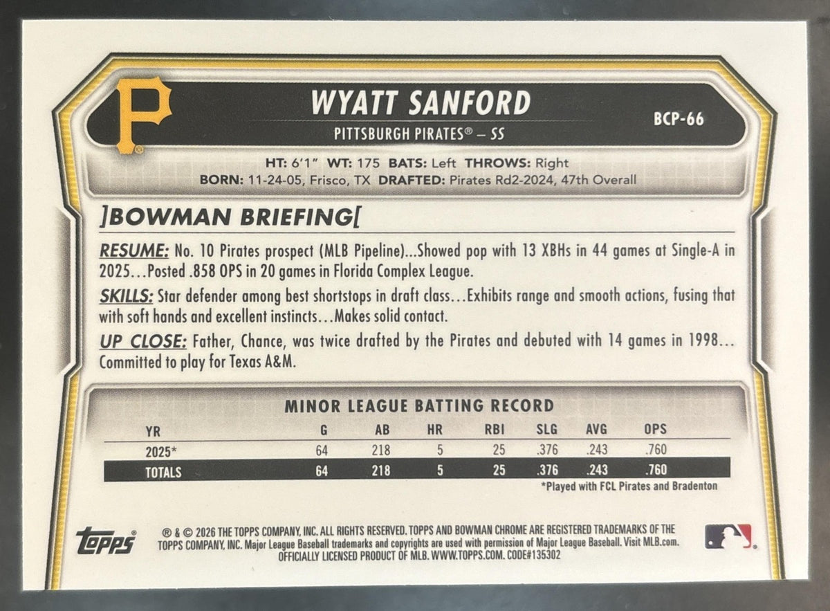 2026 Bowman Wyatt Sanford Chrome Speckle /299 #BCP-66 1st Prospect Pirates