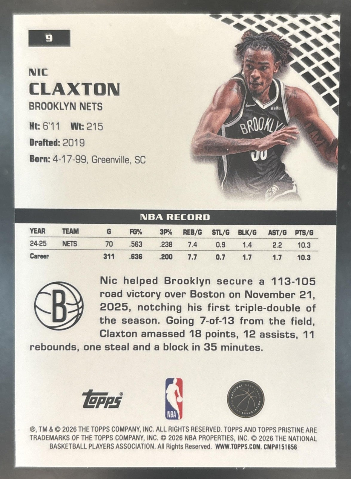 2025-26 Topps Pristine Nic Claxton Purple Refractor /99 #9 Brooklyn Nets