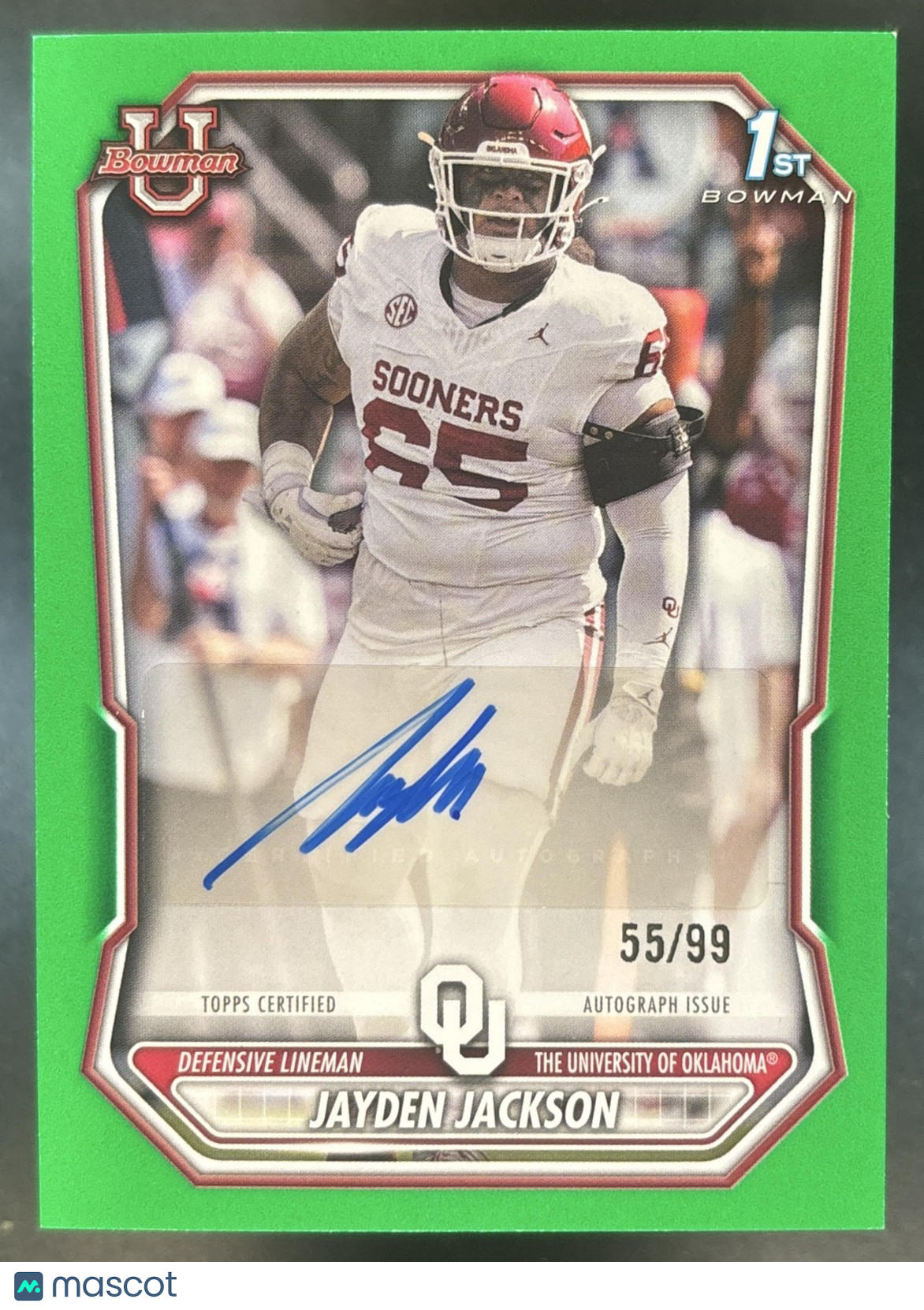 2026 Bowman Jayden Jackson Paper Auto Green /99 1st Prospect Oklahoma Sooners