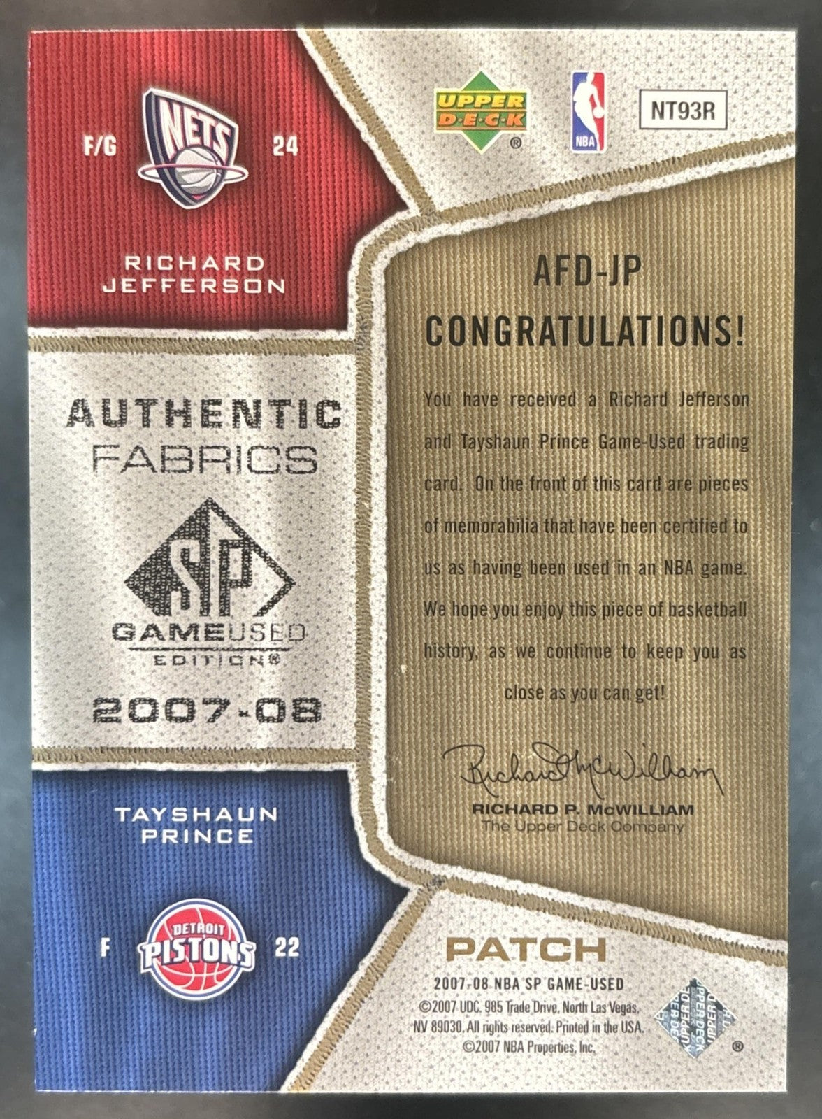 2007-08 SP Game Used Richard Jefferson Tayshaun Prince Fabrics Dual Patch /50