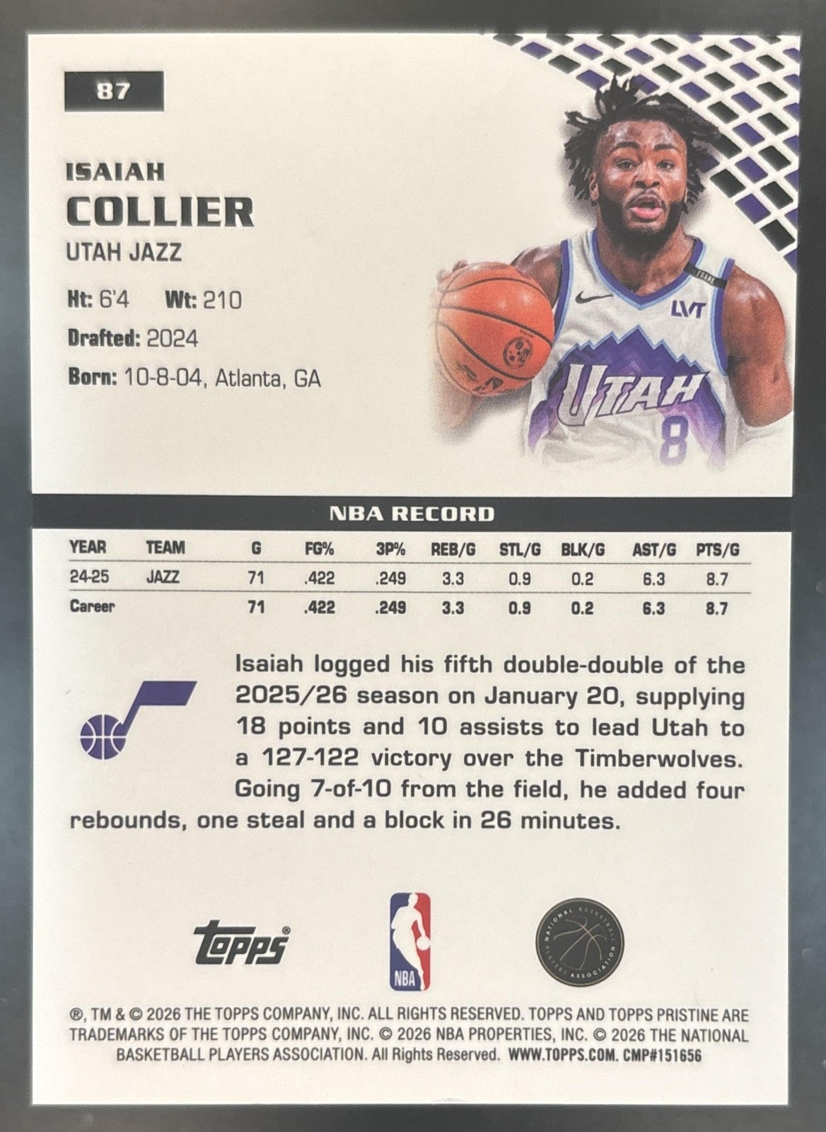 2025-26 Topps Pristine Isaiah Collier Lavender Refractor /125 #87 Utah Jazz