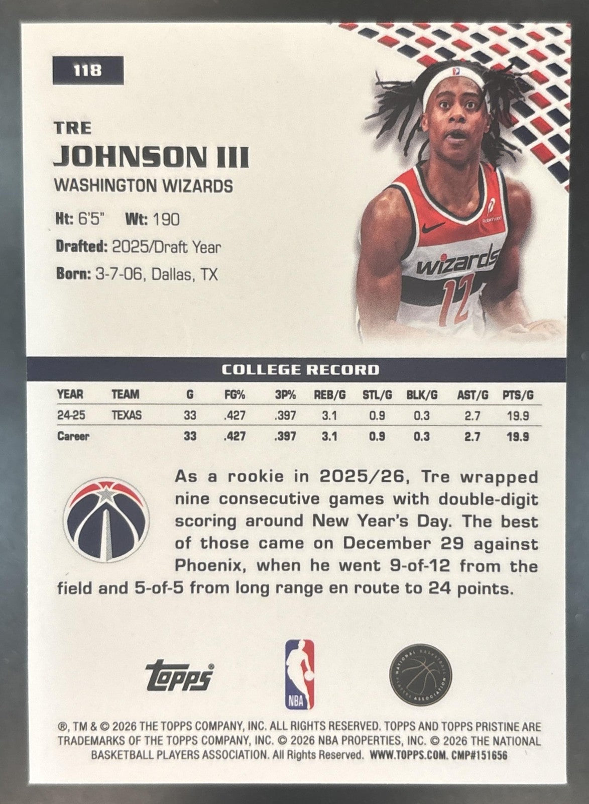 2025-26 Topps Pristine Tre Johnson III Paint the Arc Refractor #118 RC Wizards