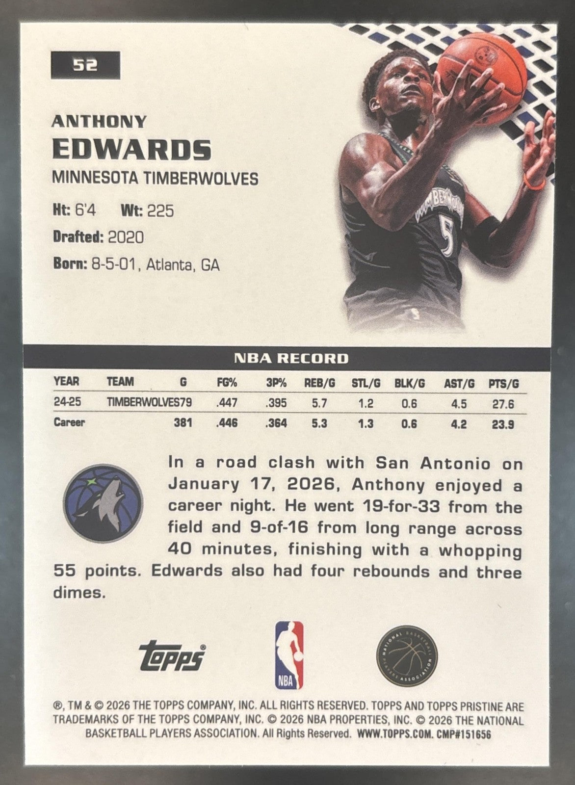 2025-26 Topps Pristine Anthony Edwards Refractor #52 Minnesota Timberwolves