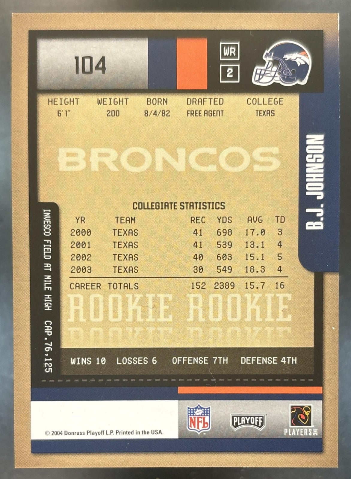 2004 Playoff Contenders B.J. Johnson #104 RC Auto Denver Broncos