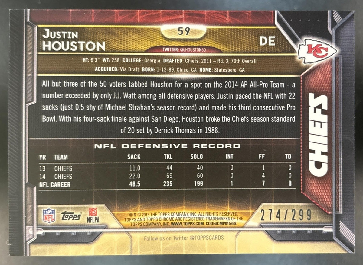 2015 Topps Chrome Justin Houston Black Refractor /299 #59 Kansas City Chiefs