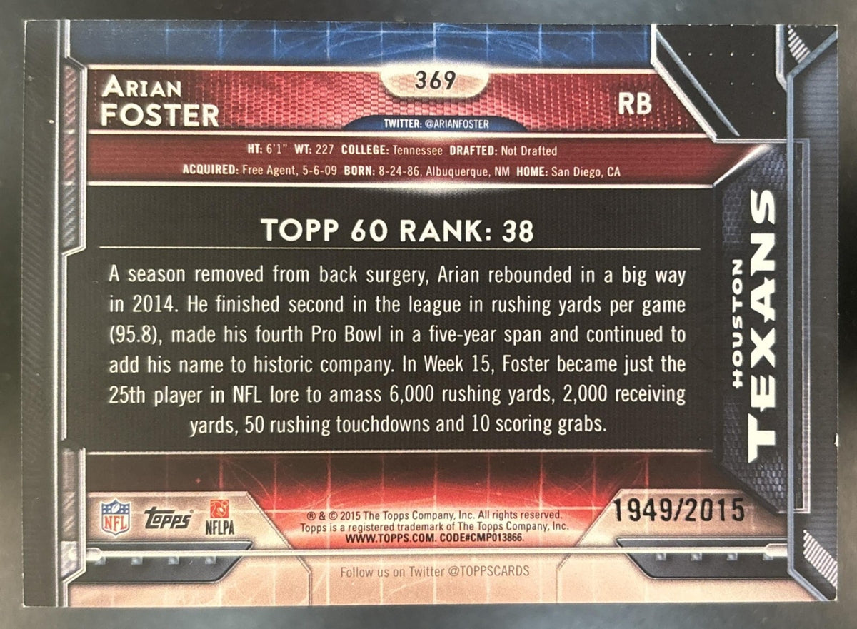 2015 Topps Arian Foster Gold /2015 #369 Houston Texans