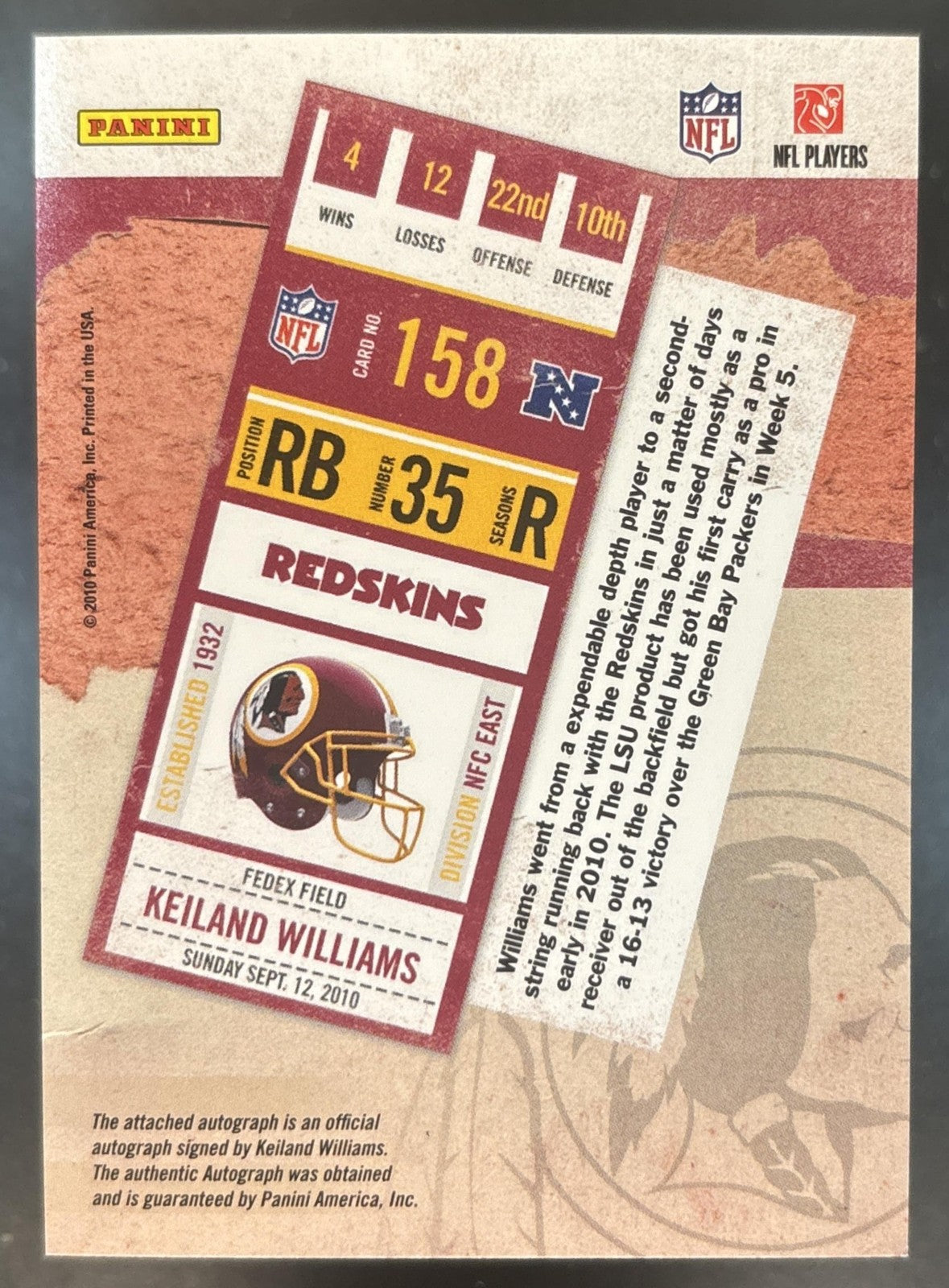 2010 Panini Playoff Contenders Keiland Williams #158 RC Auto Washington Redskins