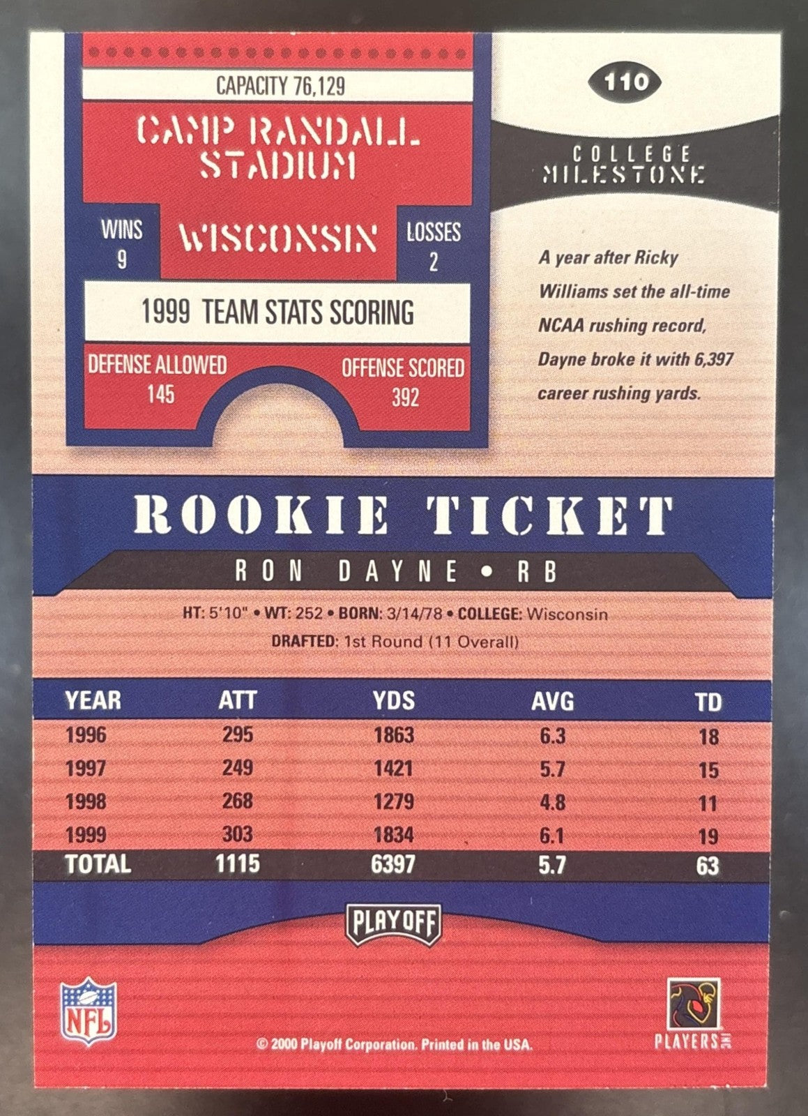 2000 Playoff Contenders Ron Dayne #110 RC Auto New York Giants