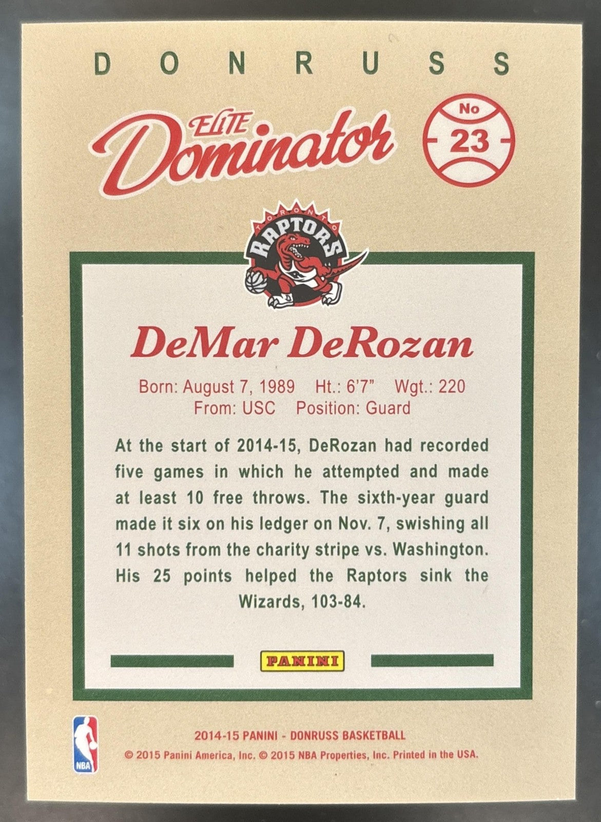 2014-15 Panini Donruss DeMar DeRozan Elite Dominators /999 #23 Toronto Raptors