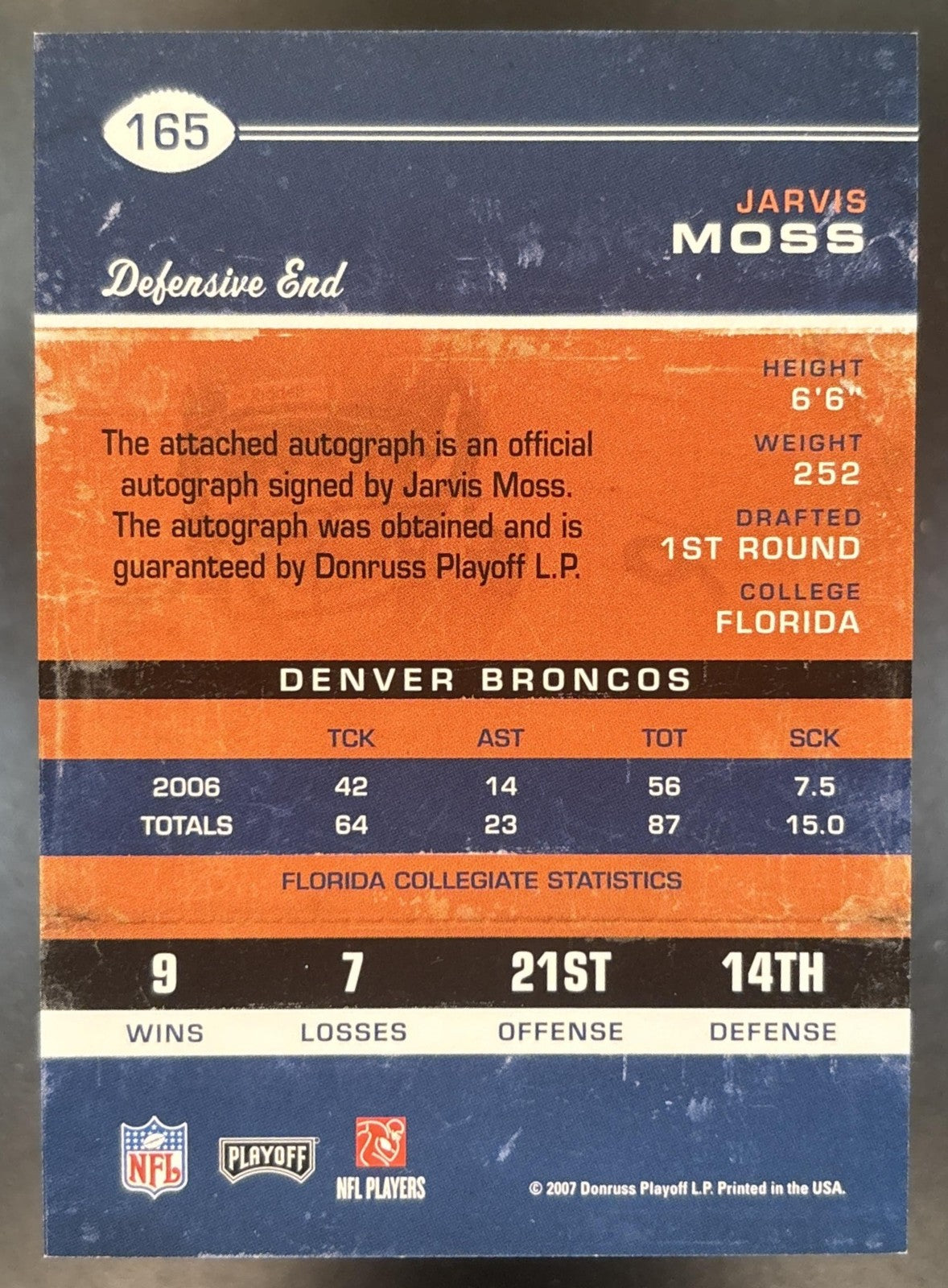 2007 Playoff Contenders Jarvis Moss #165 RC Rookie Ticket Auto Denver Broncos
