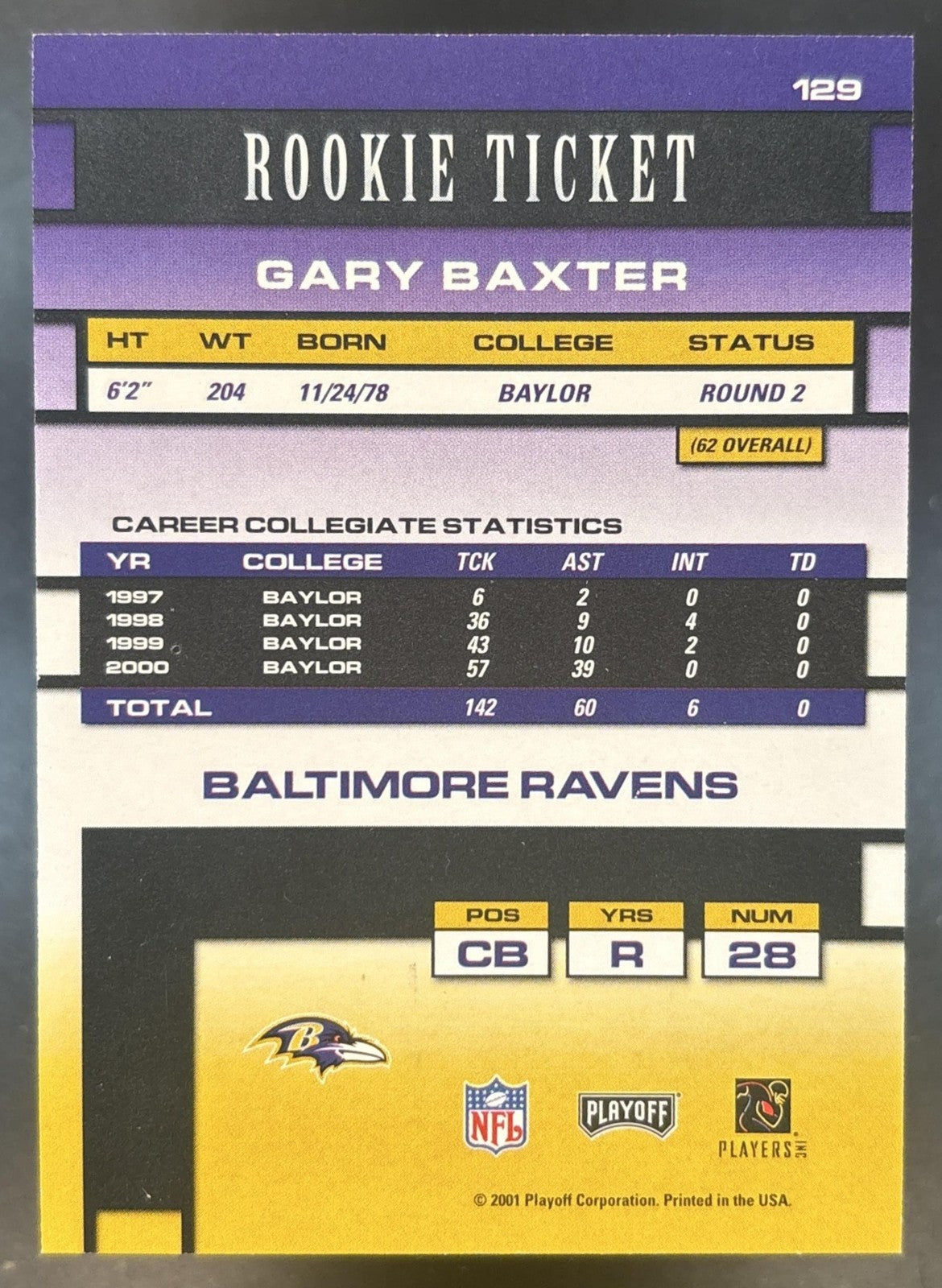2001 Playoff Contenders Gary Baxter #129 RC Auto Baltimore Ravens