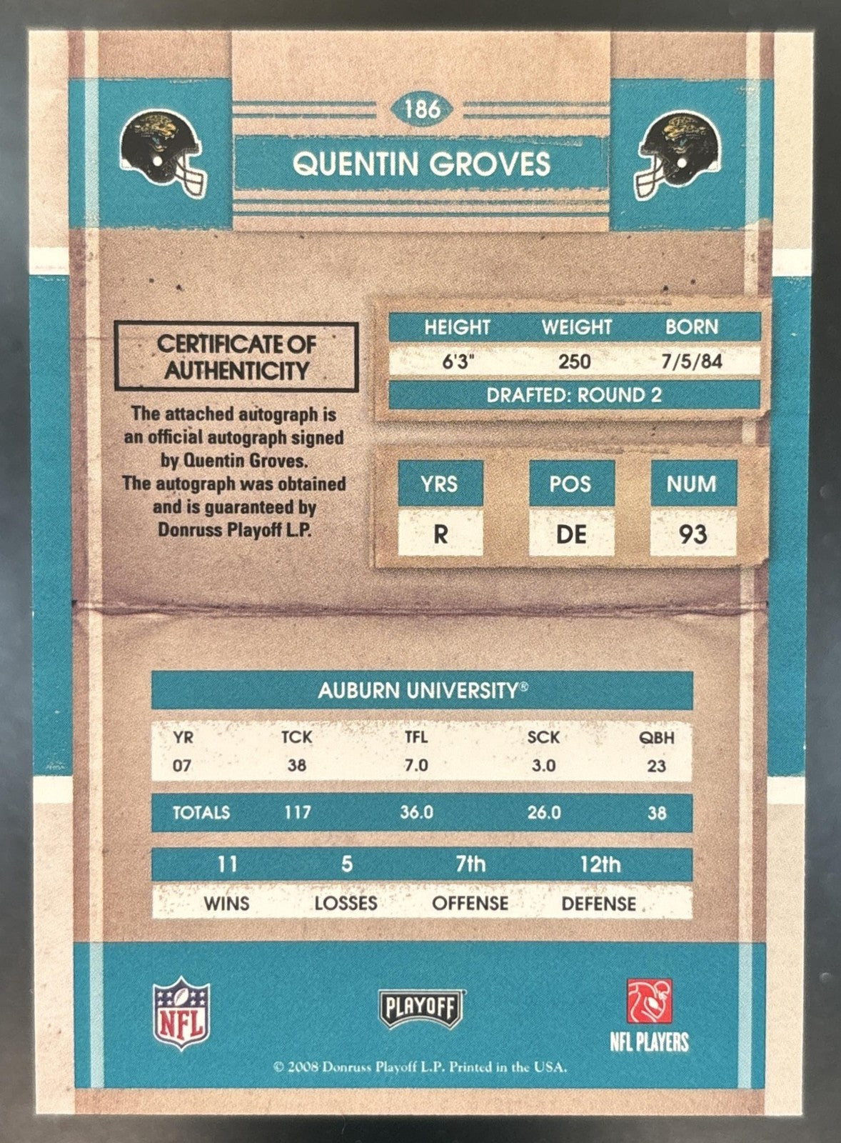 2008 Playoff Contenders Quentin Groves #186 RC Auto Jacksonville Jaguars