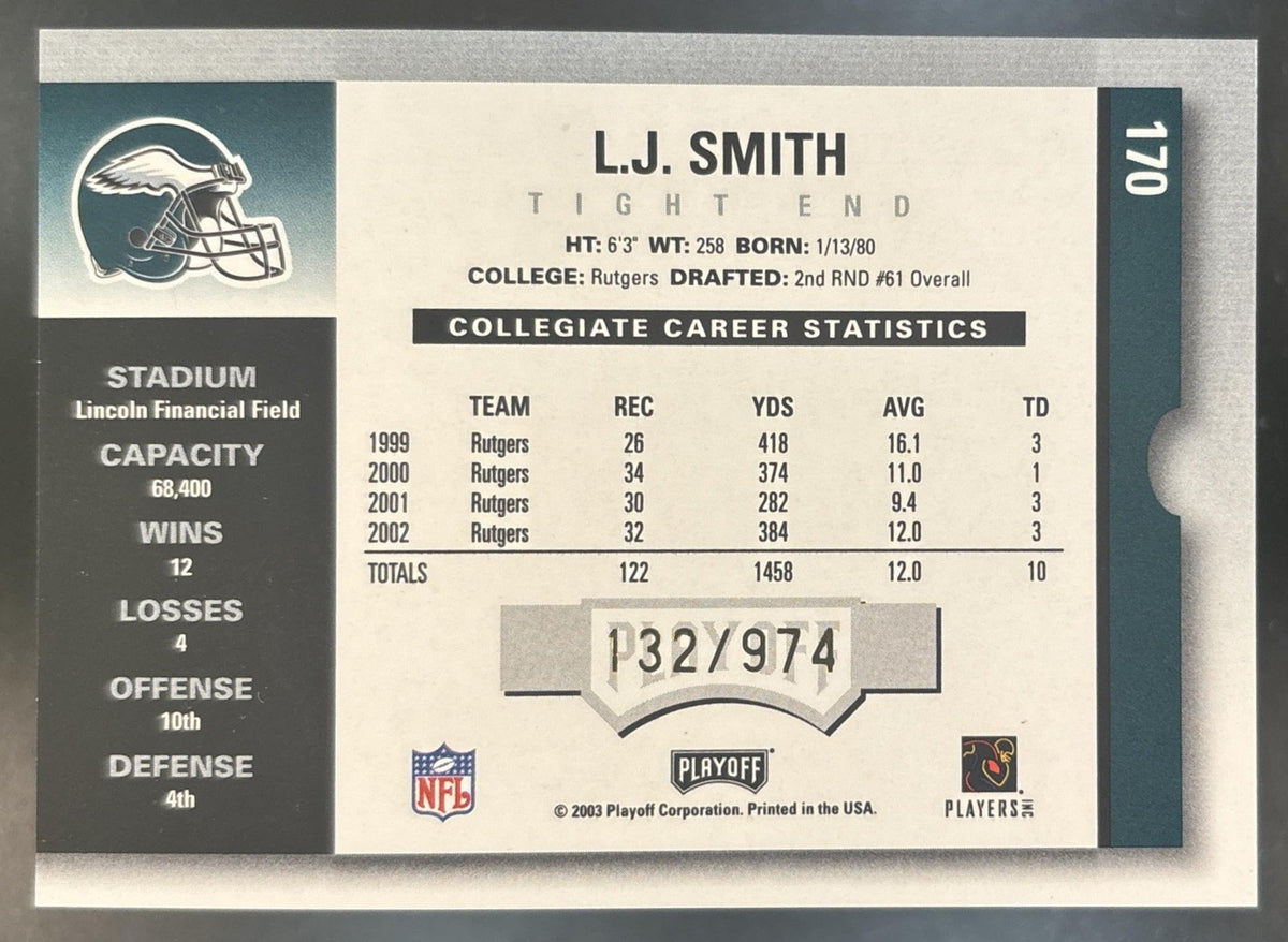 2003 Playoff Contenders L.J. Smith /974 #170 RC Auto Philadelphia Eagles