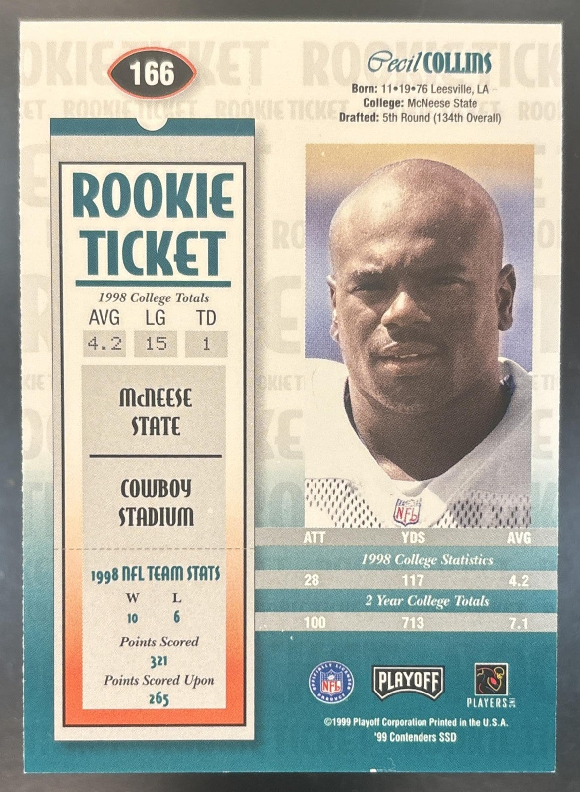 1999 Playoff Contenders SSD Cecil Collins #166 RC Auto Miami Dolphins