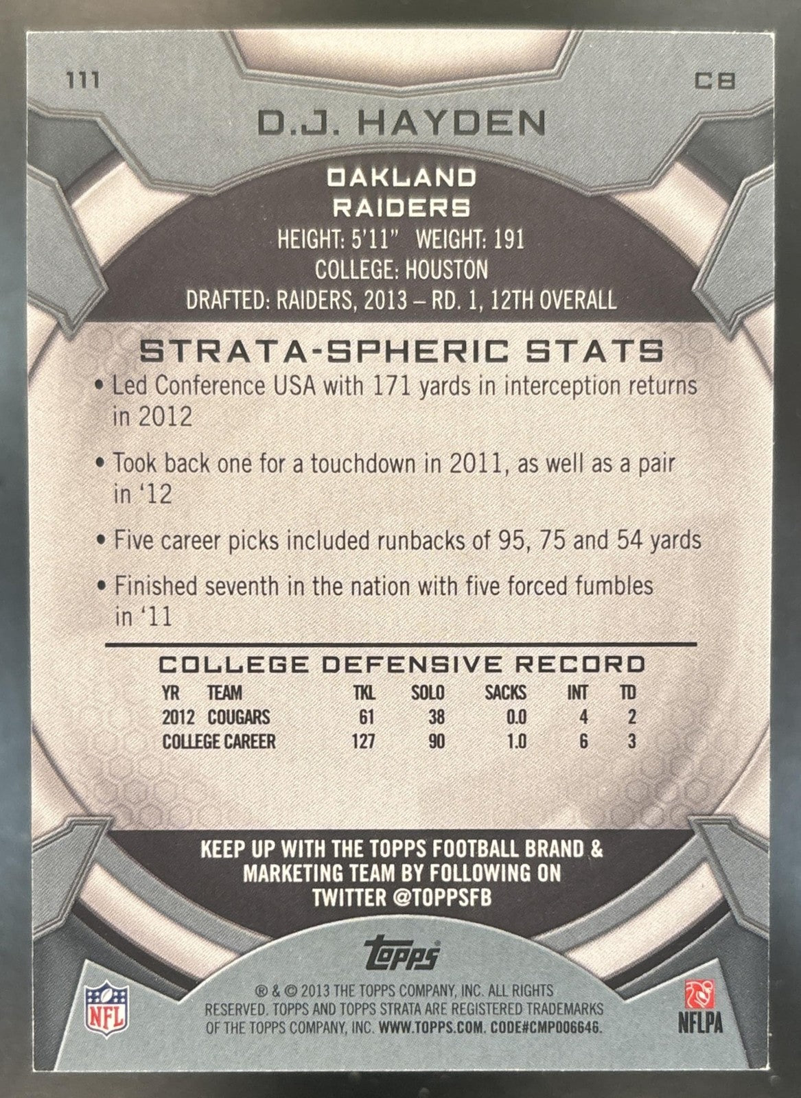 2013 Topps Strata D.J. Hayden Green 10/10 #111 RC Oakland Raiders