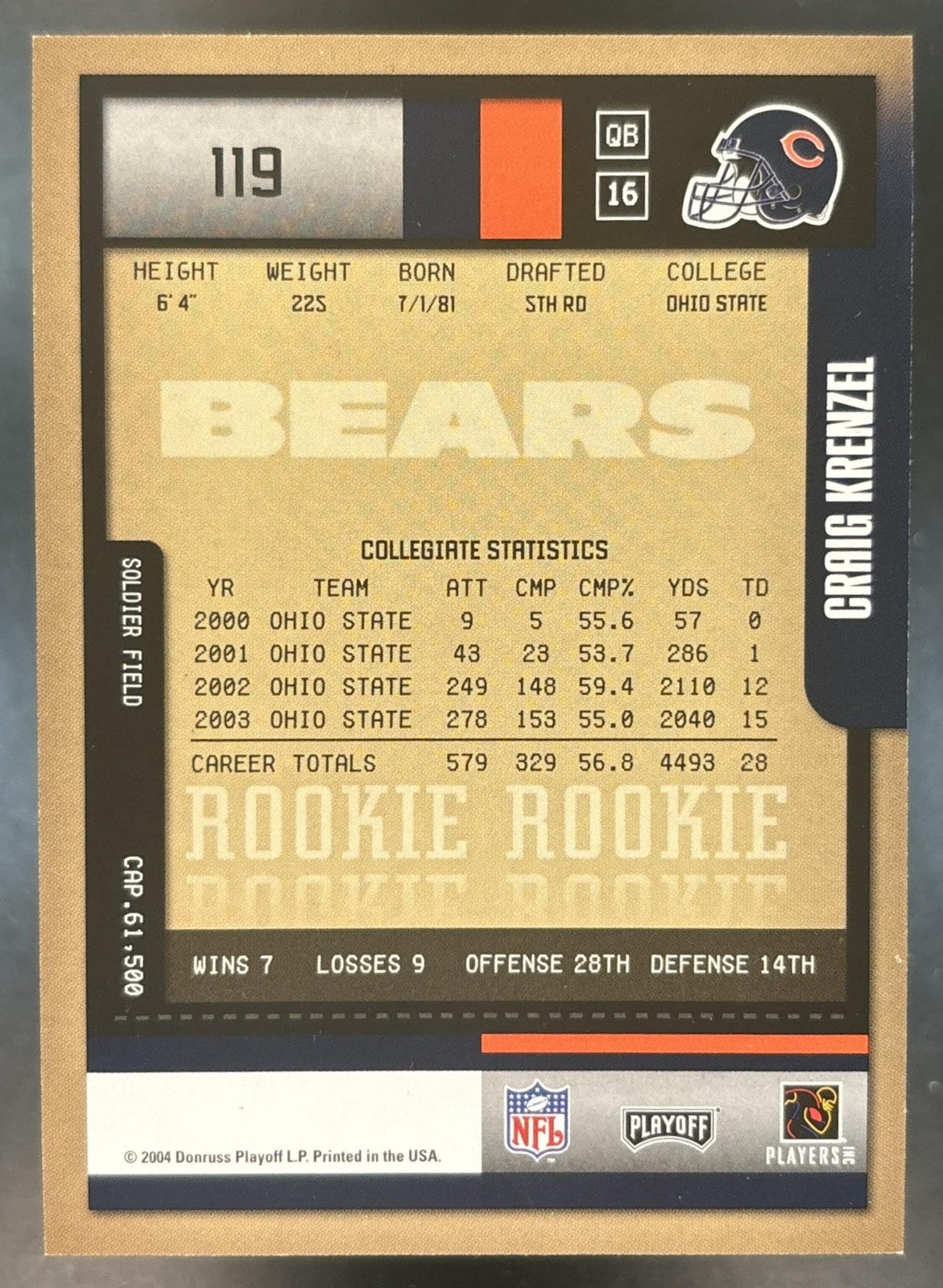 2004 Playoff Contenders Craig Krenzel #119 RC Auto Chicago Bears