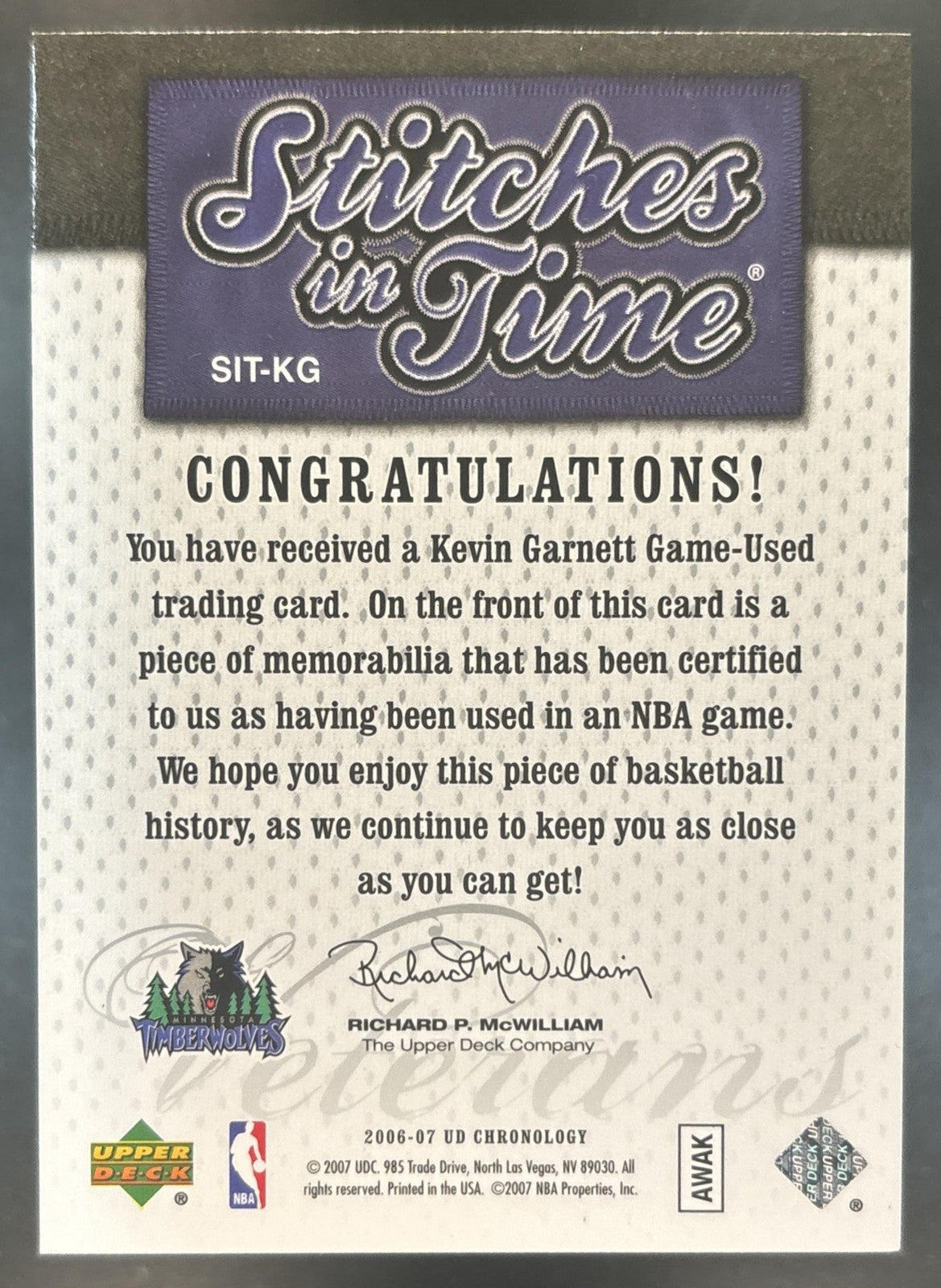 2006-07 Upper Deck Chronology Kevin Garnett Stitches in Time Game Used /199 MEM