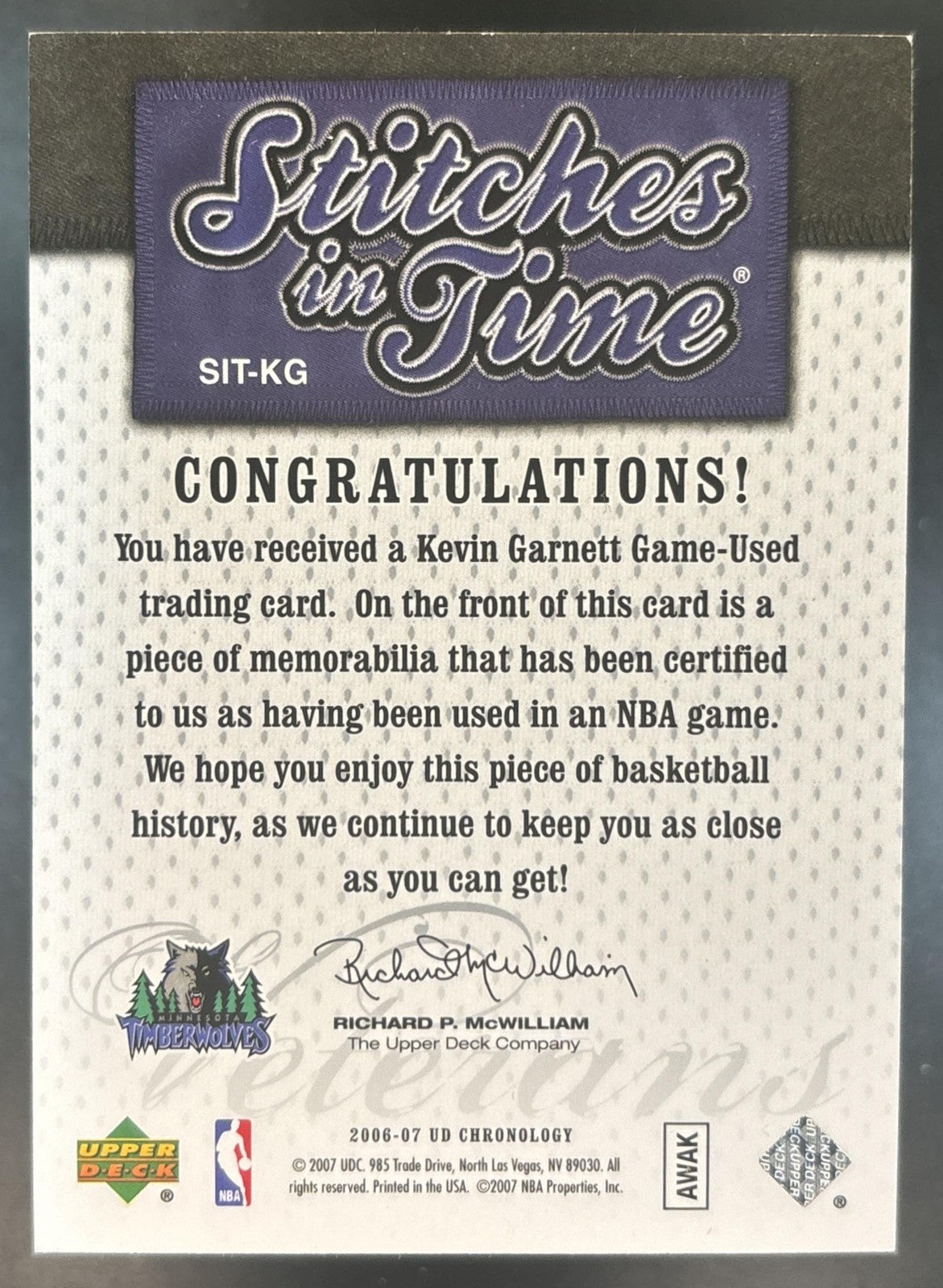 2006-07 Upper Deck Chronology Kevin Garnett Stitches in Time GU /199 MEM