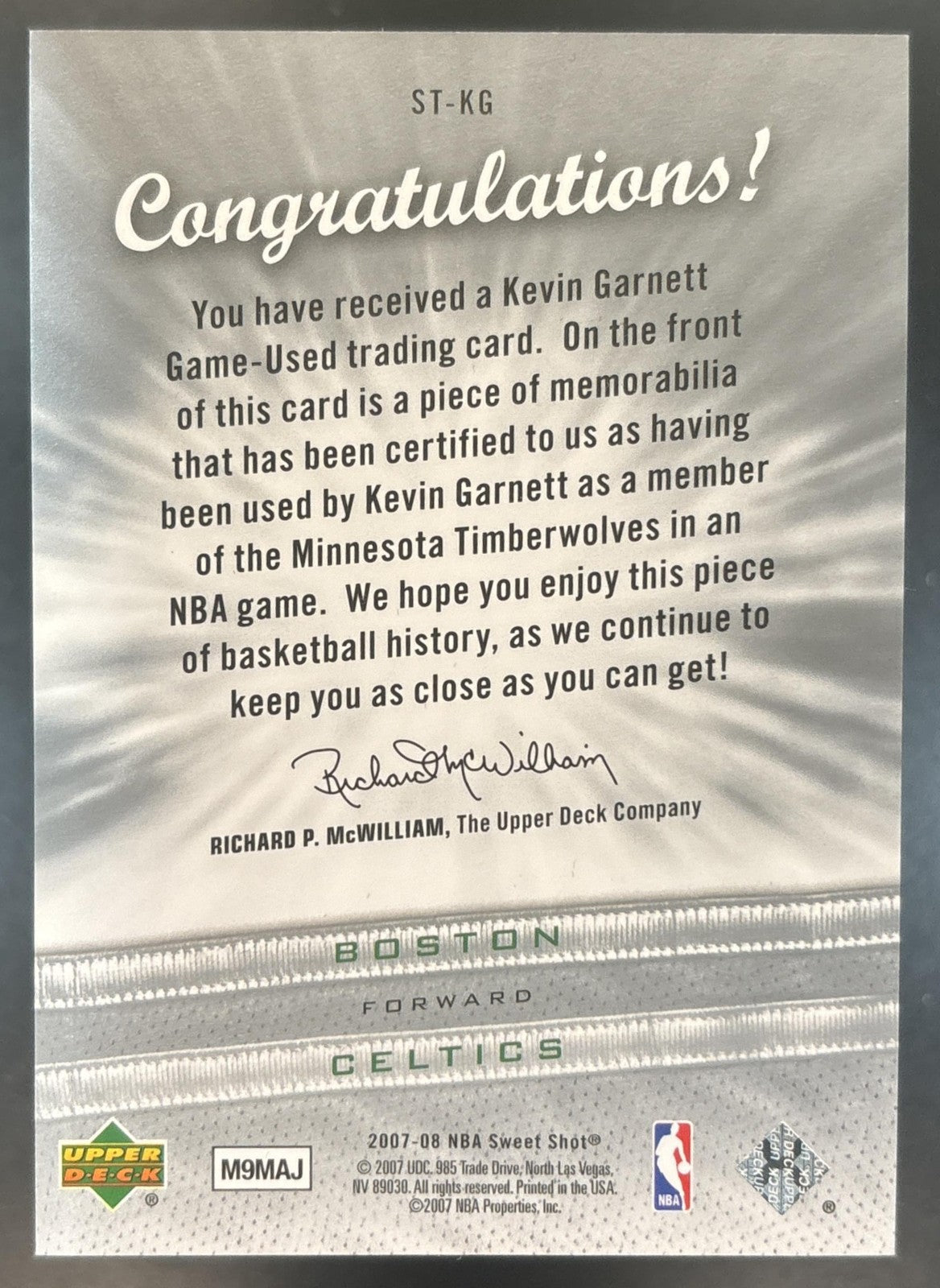2007-08 Upper Deck Sweet Shot Kevin Garnett Stitches #ST-KG MEM Boston Celtics