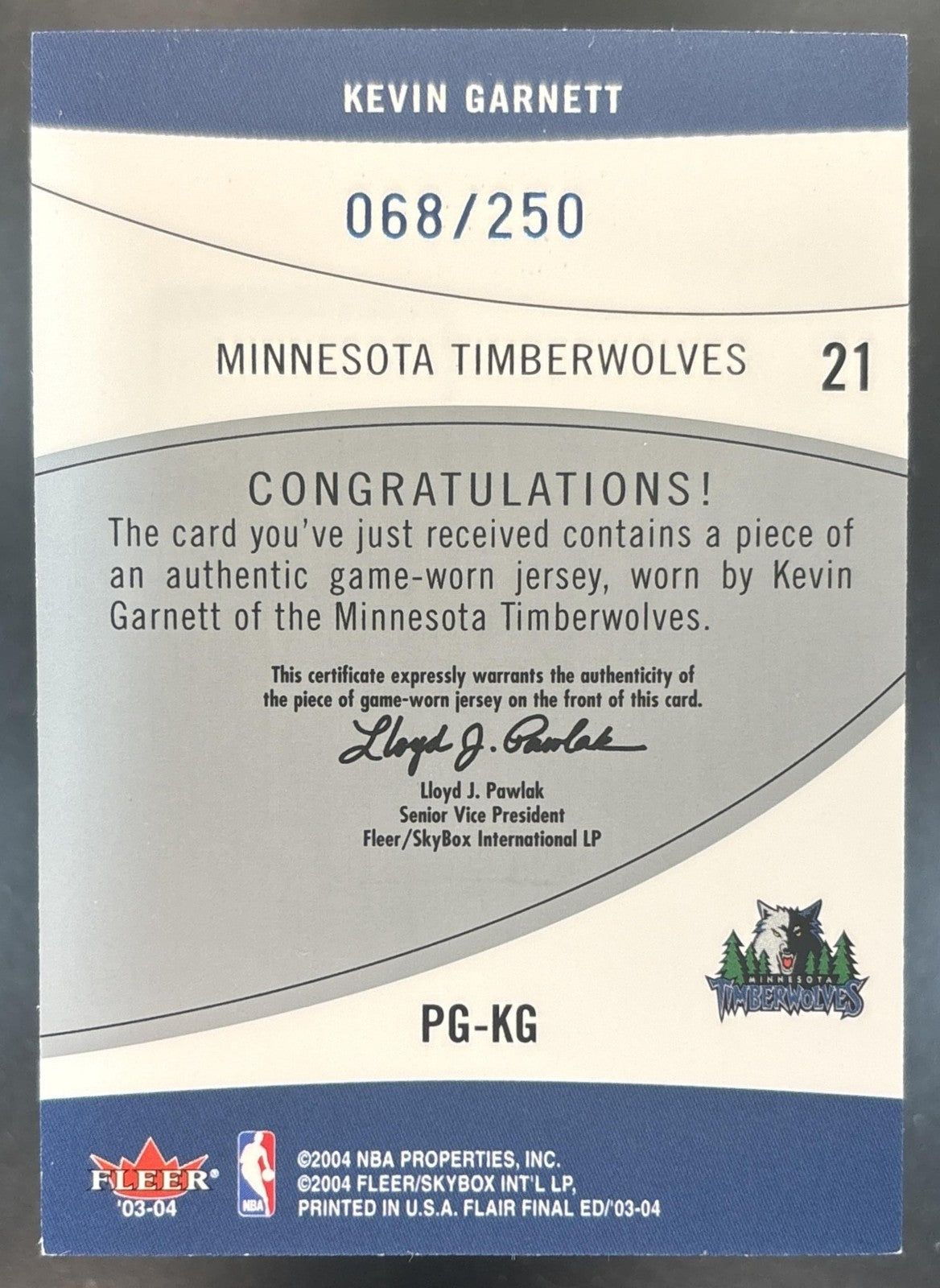 2003-04 Fleer Flair Final Edition Kevin Garnett Power Game Jersey /250 MEM GU