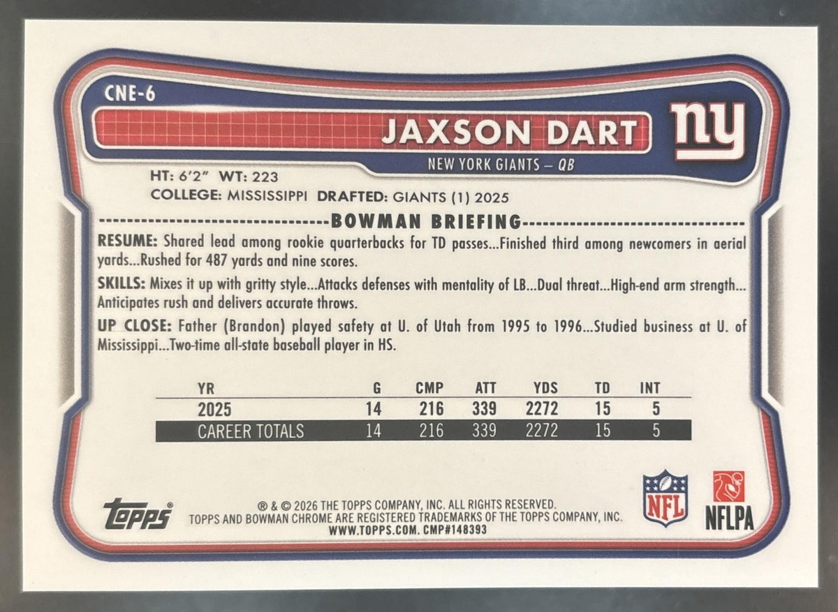 2026 Bowman Jaxson Dart Chrome NFL Etched In Glass Variation SSP New York Giants