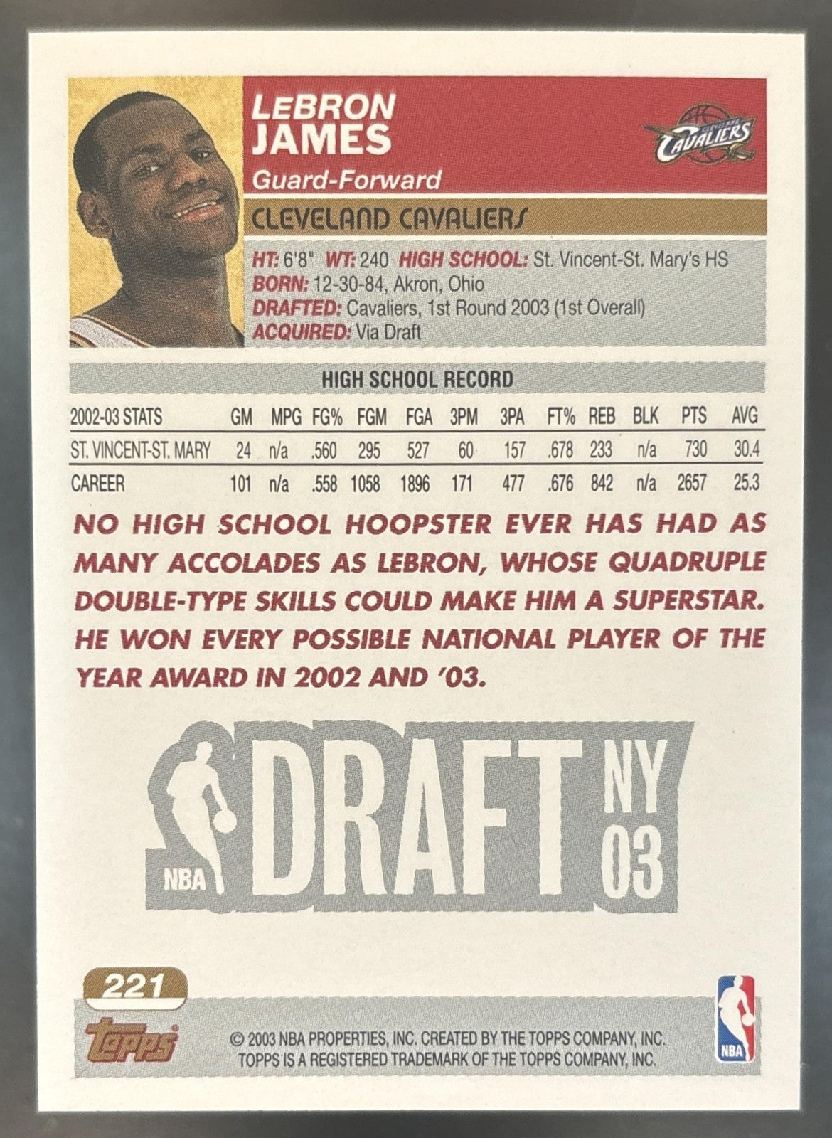 2003-04 Topps LeBron James #221 RC Cleveland Cavaliers
