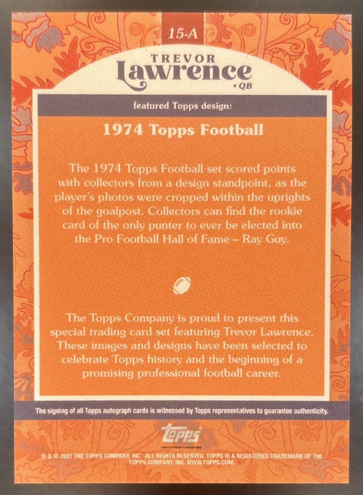 2021 Topps x Trevor Lawrence Auto Orange 49/99 #15-A RC