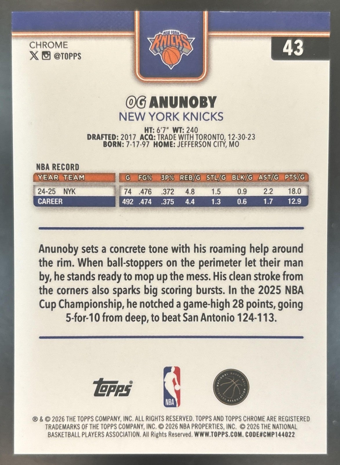 2025-26 Topps Chrome Update OG Anunoby Gold Ray Wave /50 #43 New York Knicks