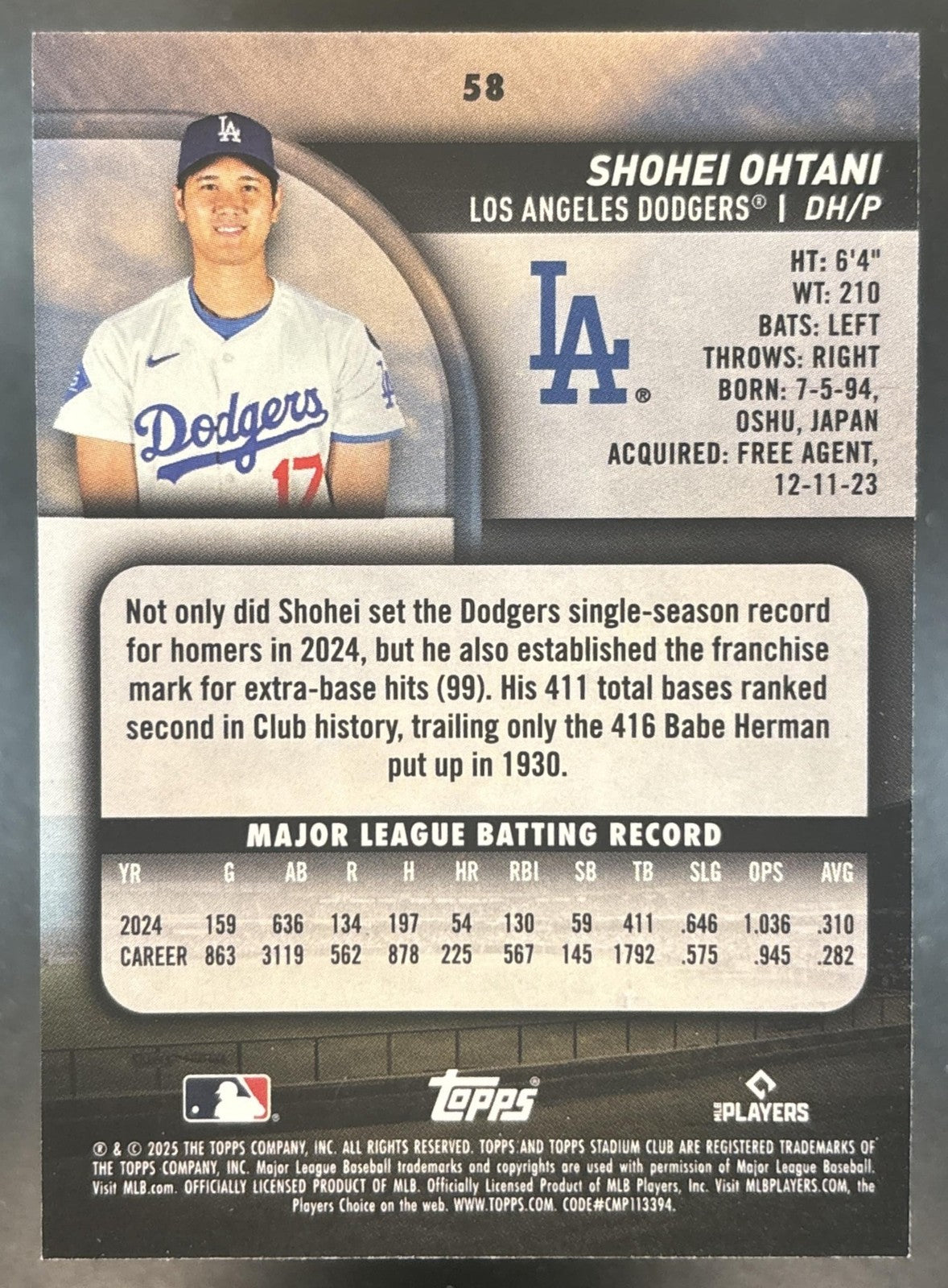 2025 Topps Stadium Club Shohei Ohtani Light Blue Foil #58 Los Angeles Dodgers