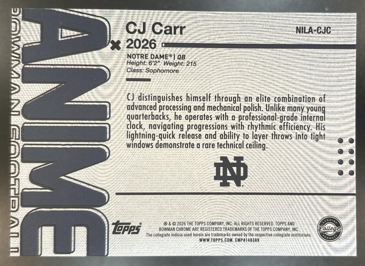 2026 Bowman CJ Carr Anime NIL #NILA-CJC SSP Notre Dame Fighting Irish