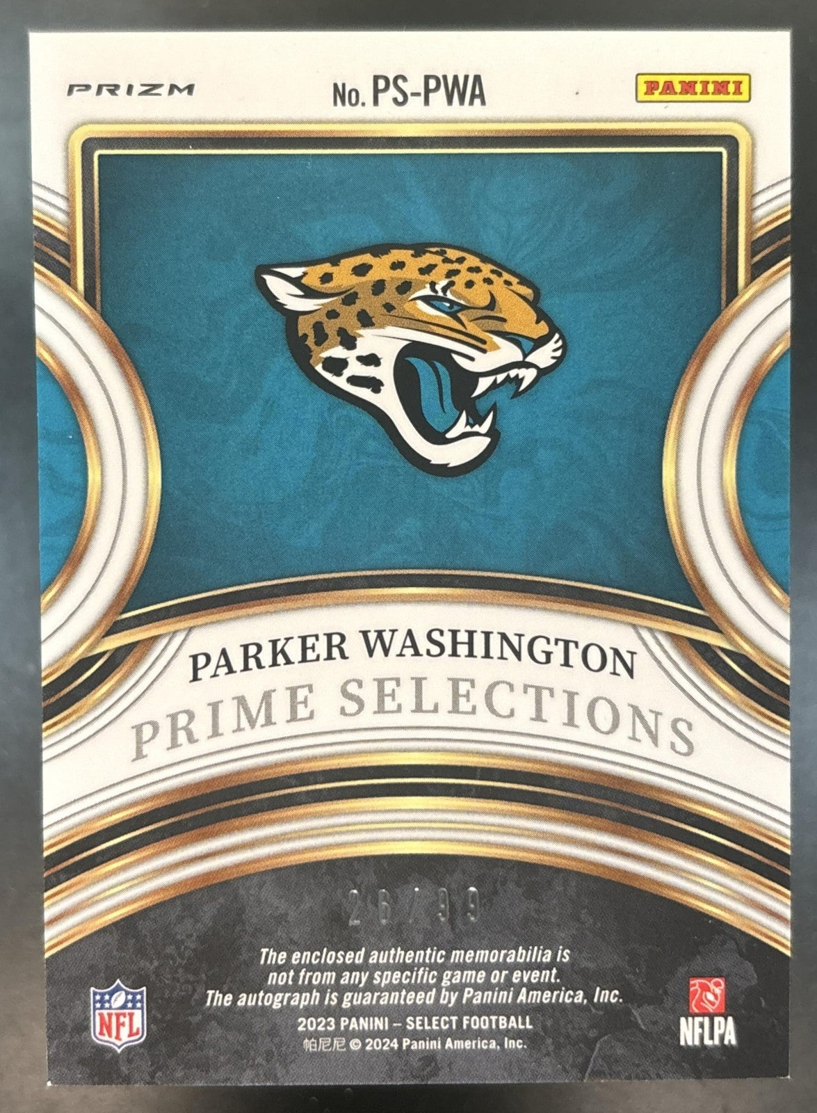 2023 Select Parker Washington Prime Selections Patch Auto /99 Auto RC Jaguars