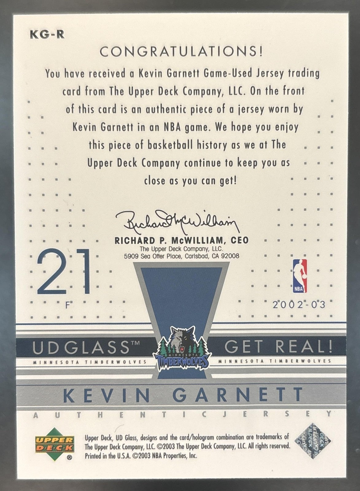 2002-03 Upper Deck Glass Kevin Garnett Get Real! MEM Minnesota Timberwolves
