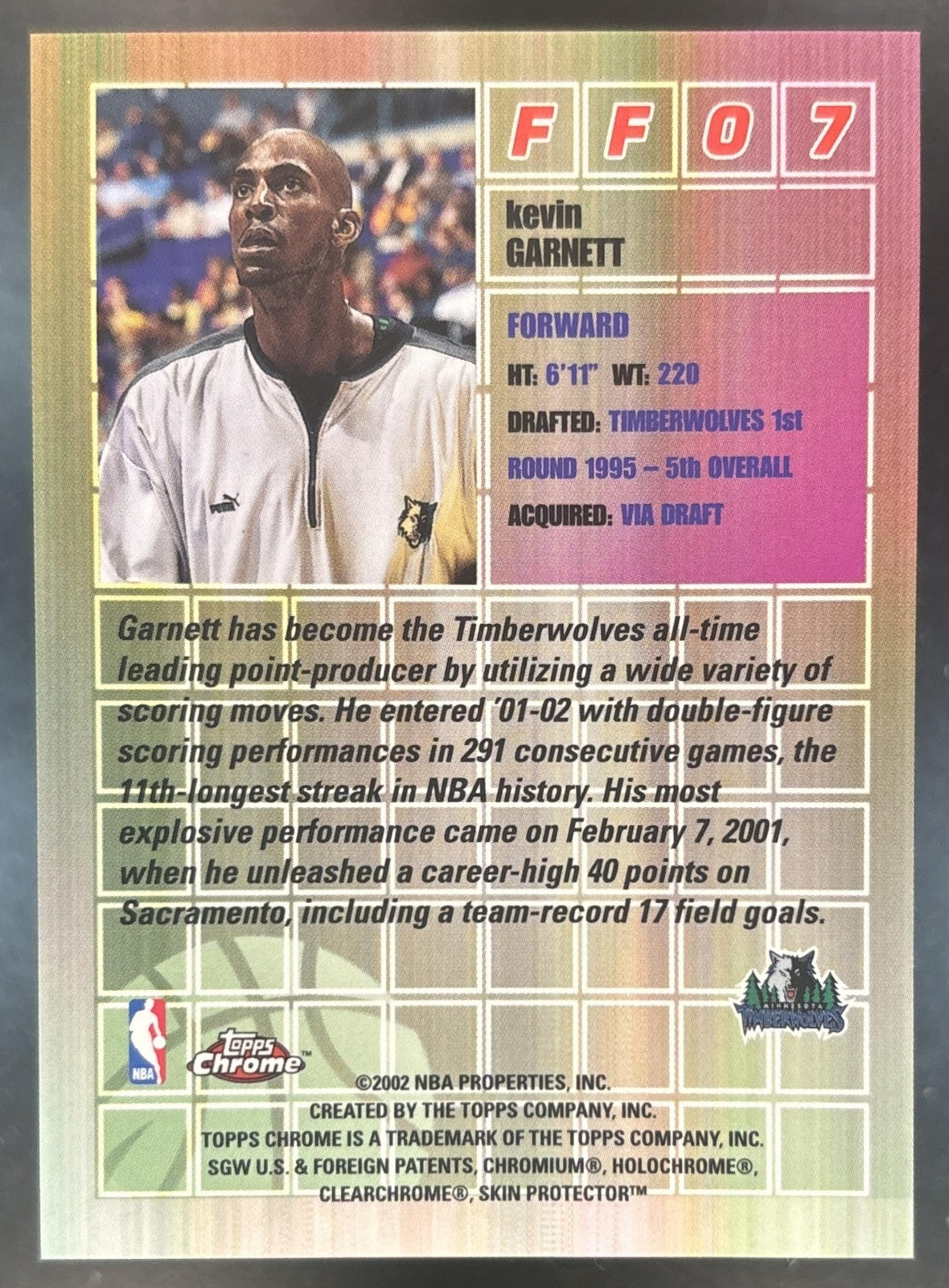 2001-02 Topps Chrome Kevin Garnett Fast and Furious #FF07 Minnesota Timberwolves